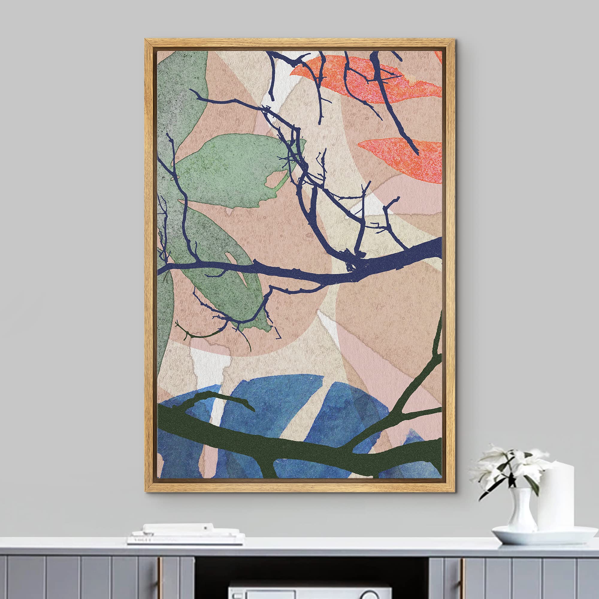 IDEA4WALL Framed Canvas Print Wall Art Tropical Leaf Display with Blue Branches Plants Nature Digital Art Modern Art Rustic Group Colorful for Living Room  Bedroom  Office - 16''x24'' Natural