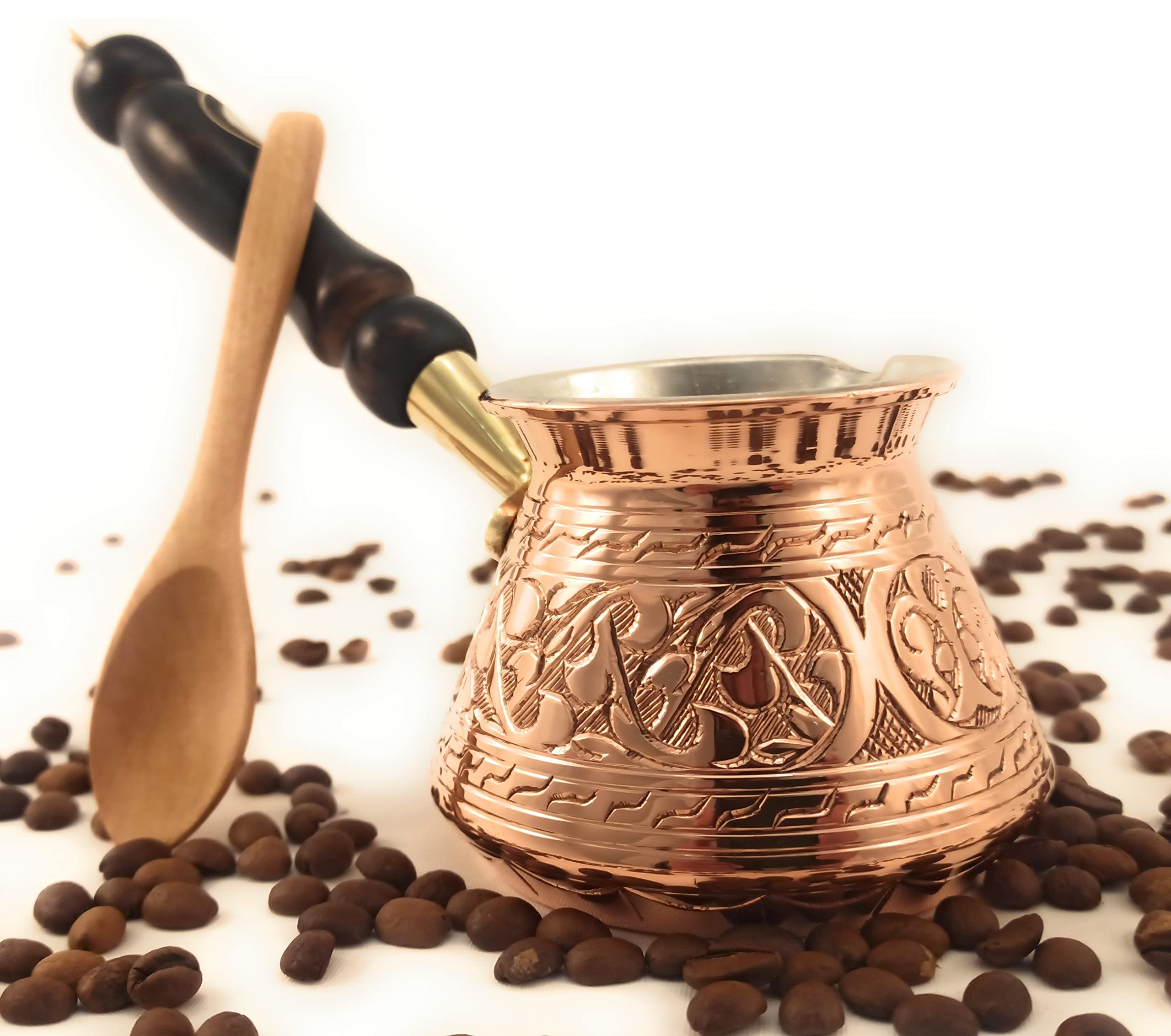Aci Series (Medium-13 Fl Oz) - Thickest Solid Engraved Copper Turkish Greek Arabic Coffee Pot With Wooden Handle, Stovetop Coffe