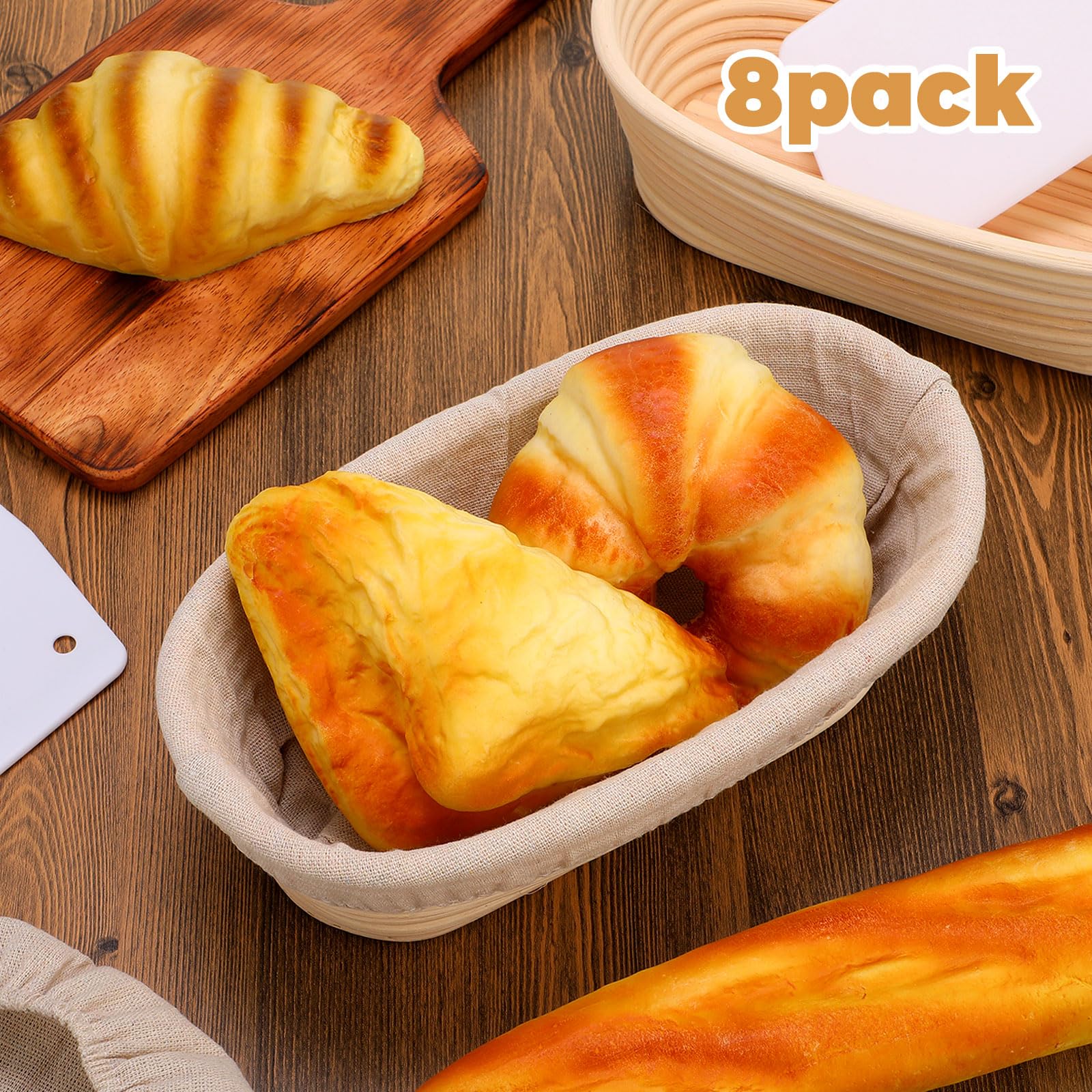 Gejoy Oval Banneton Bread Proofing Basket Set Of 8, Sourdough Bread Baking Bowl Kit With Cloth Liners And Dough Scrapers Natural