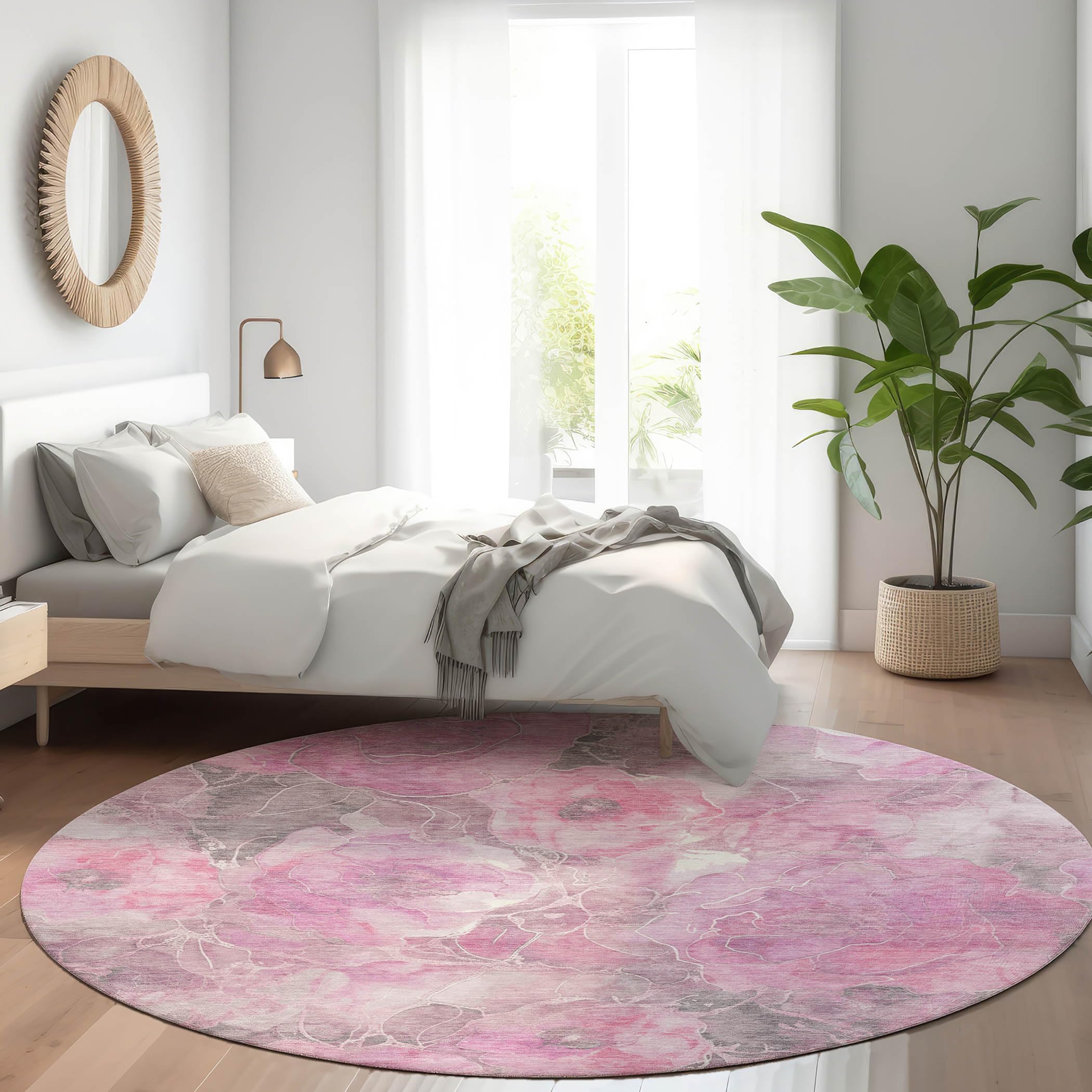 Machine Washable Indoor/Outdoor Chantille Pink 8 x 8 Round Rug