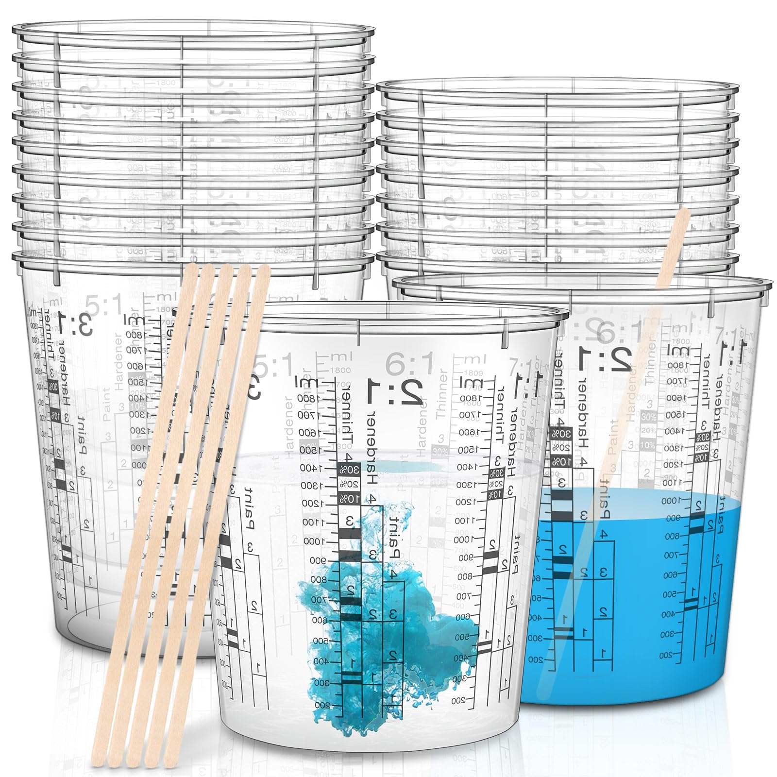 24 Pcs 64 oz 1800 ml Paint Measuring Cups Mixing Cups with Graduated and 20 Pcs Paint Mixing Sticks Plastic Disposable Resin Aut