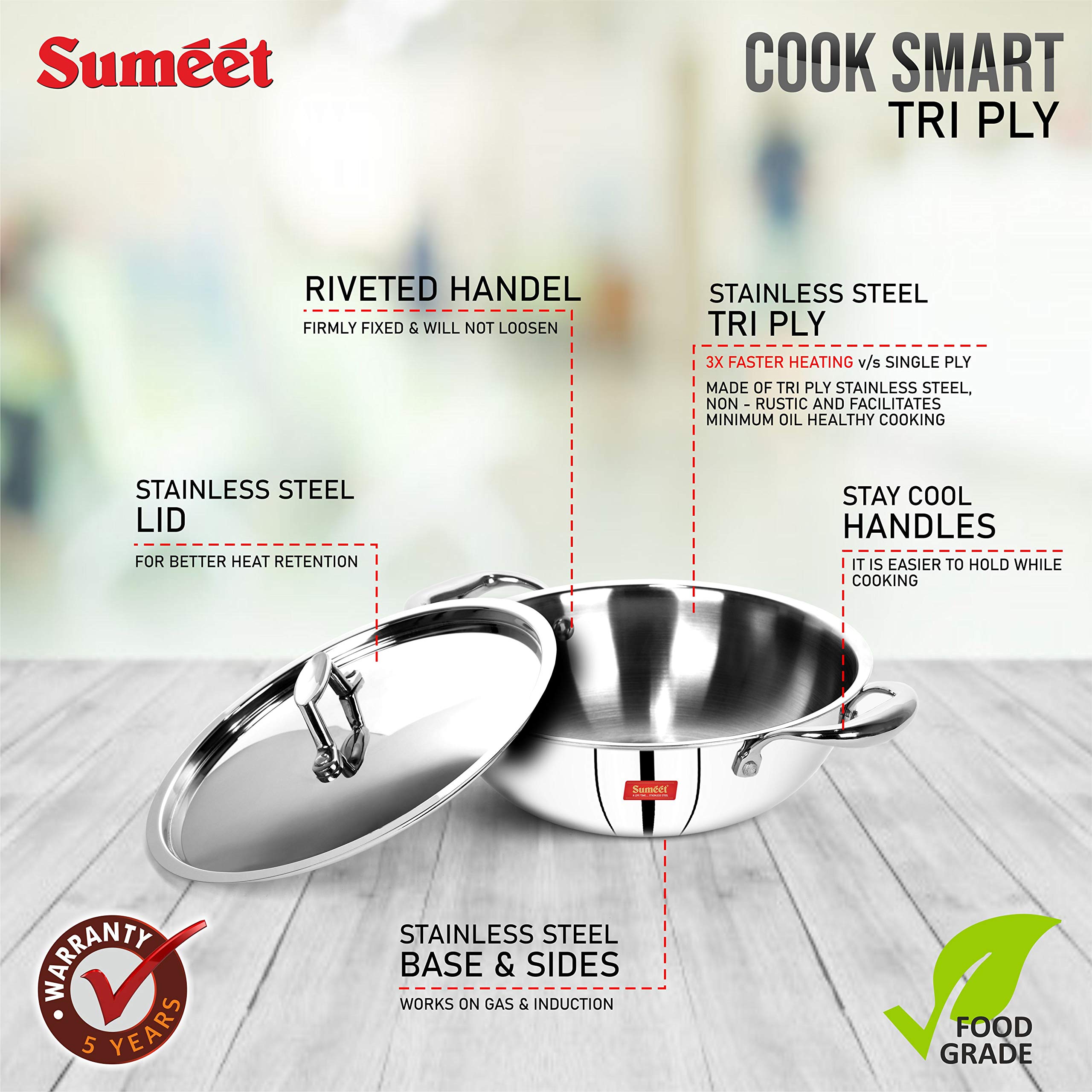 Sumeet Cook Smart Triply Sas (Steel-Aluminium-Steel - 3 Layers) Kadhai With Lid - 4 Ltr - 28Cm