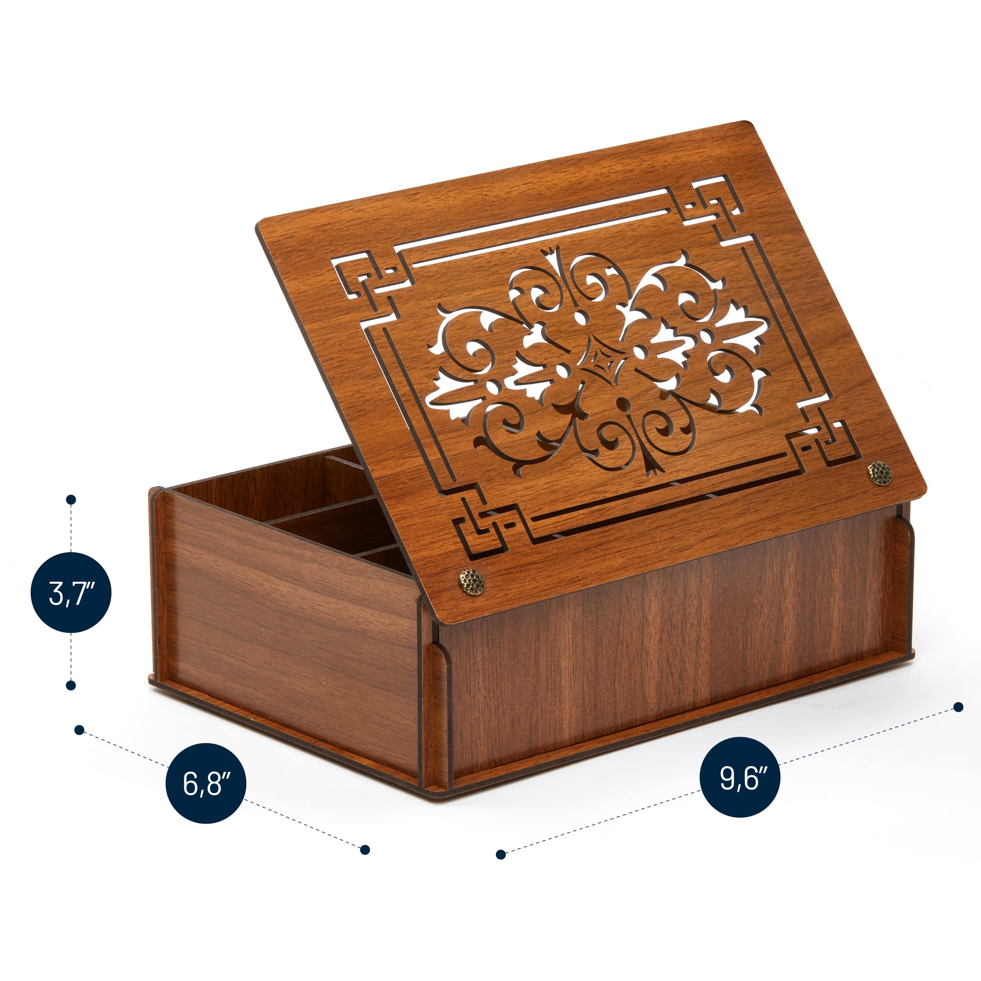 RoyalHouse Premium Wood (Hard MDF) Tea Storage Box Organizer (Brown)  Eco-Friendly Multi-Functional Decorative Box  9 Compartments For Assorted Variety Of Tea Bags and Small Items