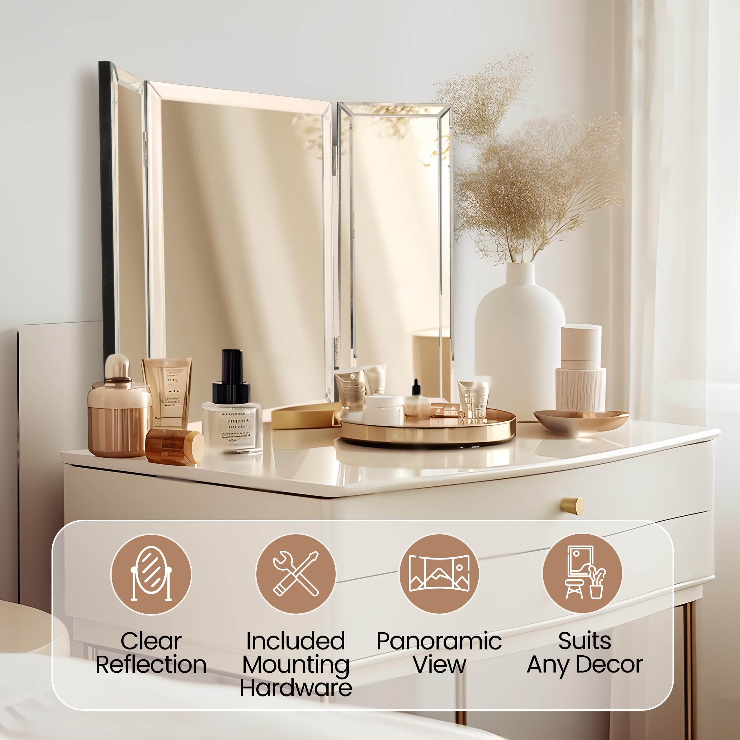 Houseables 3 Way Trifold Mirror, Silver, 31"x21", Model Tri3, Perfect for Makeup, Self Haircut, and Braiding Hair