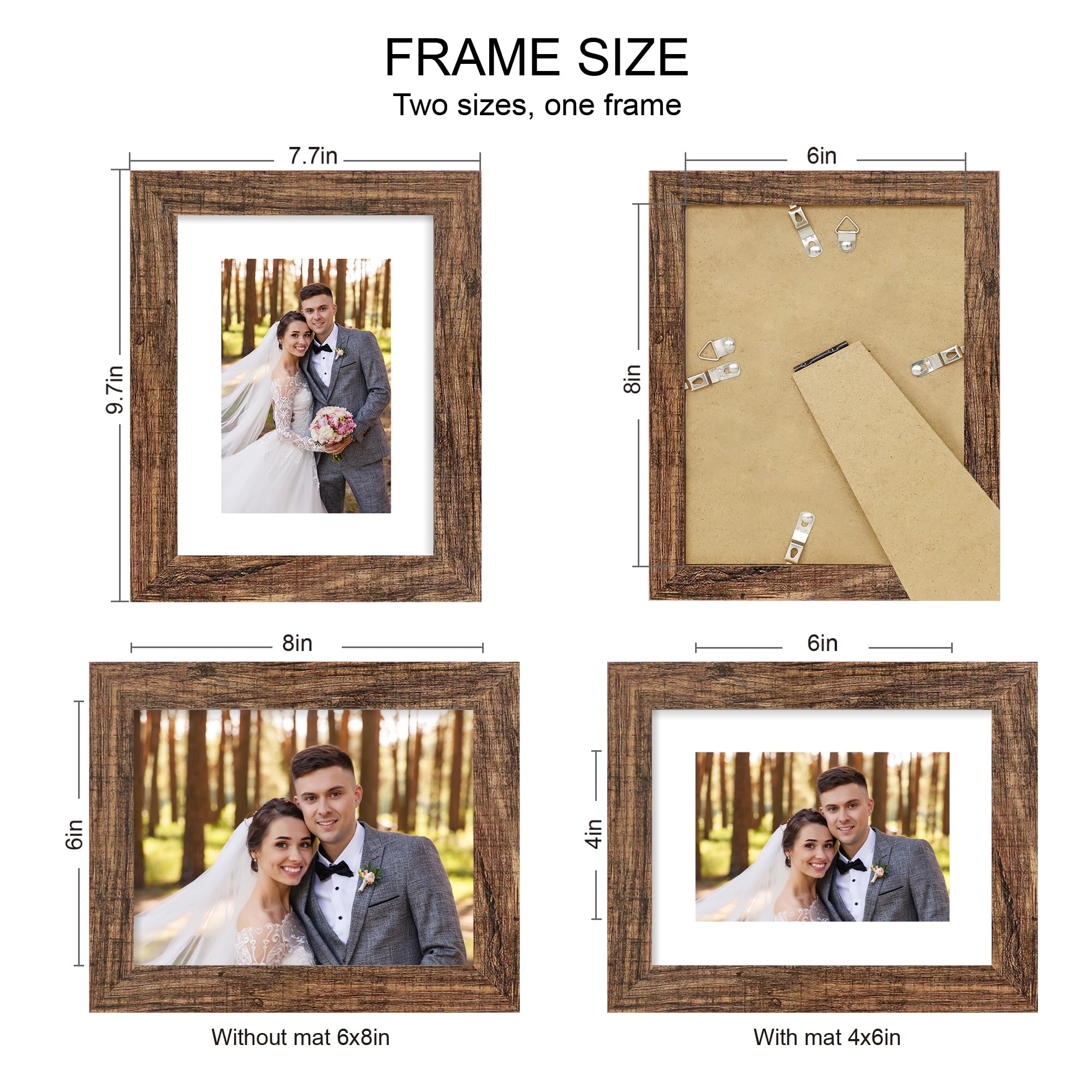 Hongkee 6x8 Picture Frame Set of 4, Made of Real Glass and Rustic Brown Frame - Display Picture 4x6 with Mat or 6x8 Without Mat,