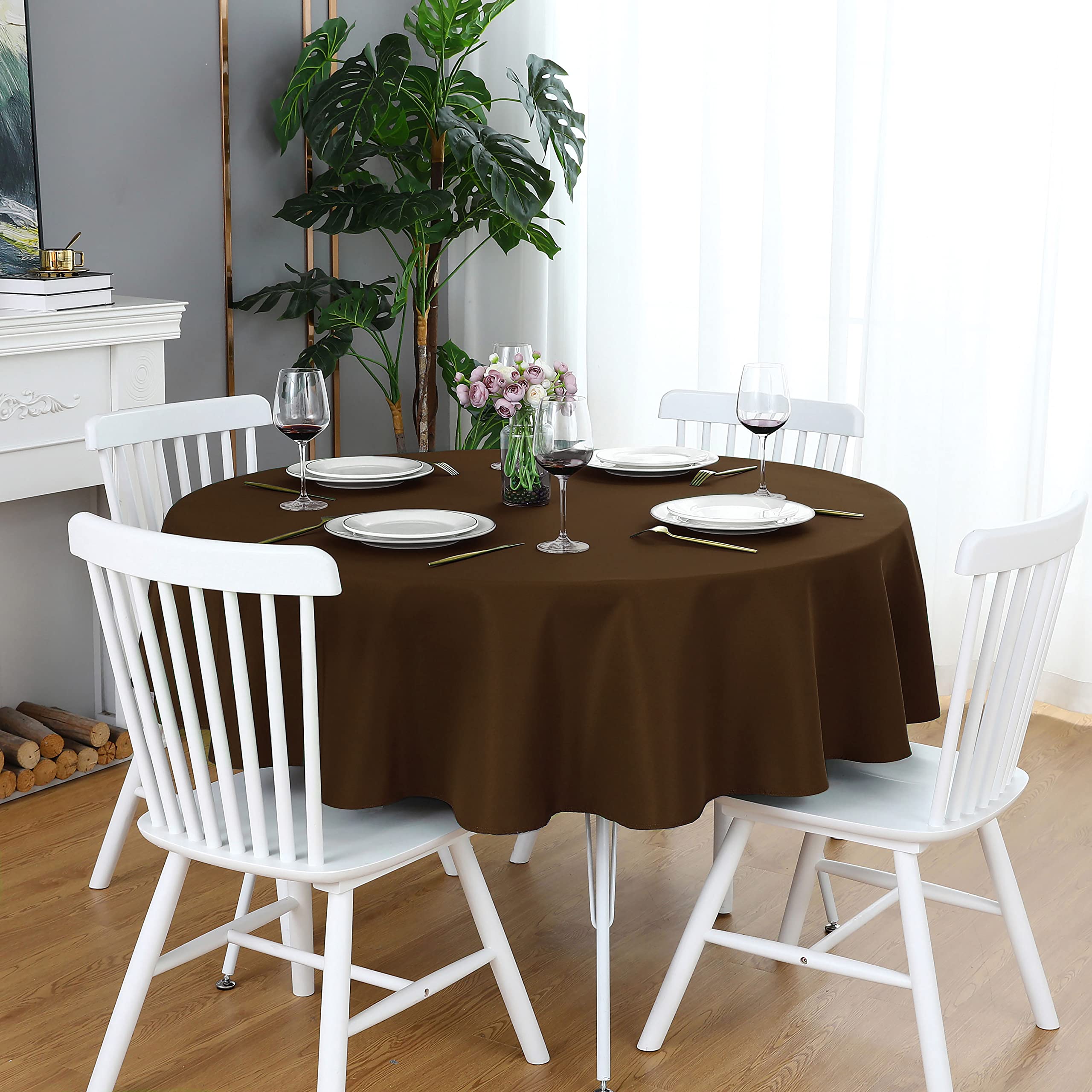 Folins&Home Brown Round Tablecloth 70 Inch Waterproof Heavy Duty Wrinkle Free Polyester Fabric Circle Table Cloth Spillproof Was