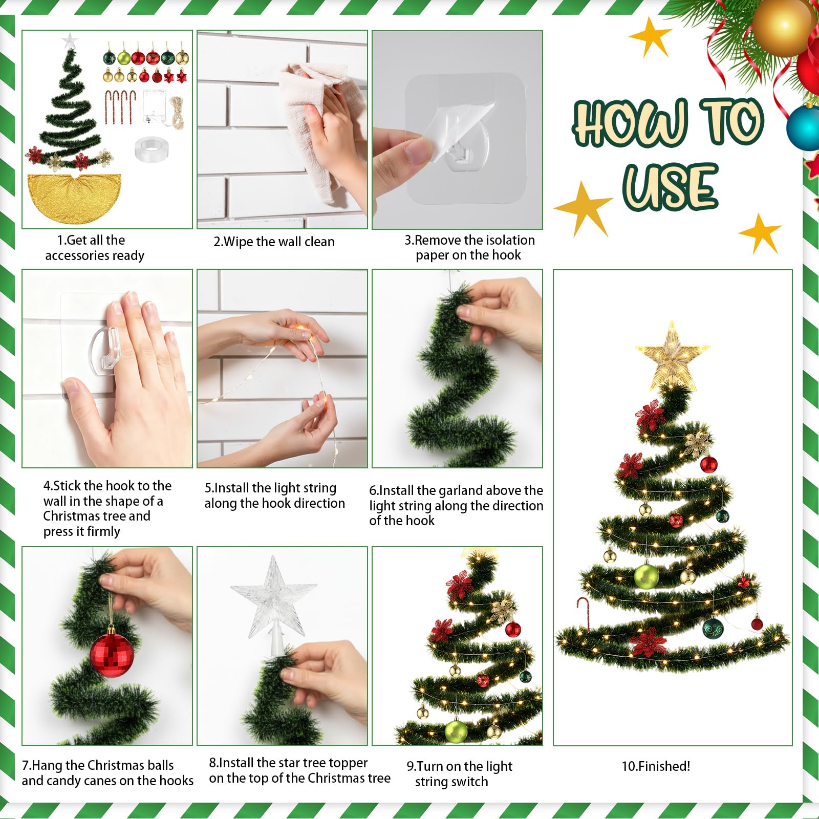 HyDren 91 Pcs DIY Wall Christmas Tree Kits, 66 Ft Xmas Garland Star Topper Tree Skirt Ball Ornaments String Lights Candy Cane Po