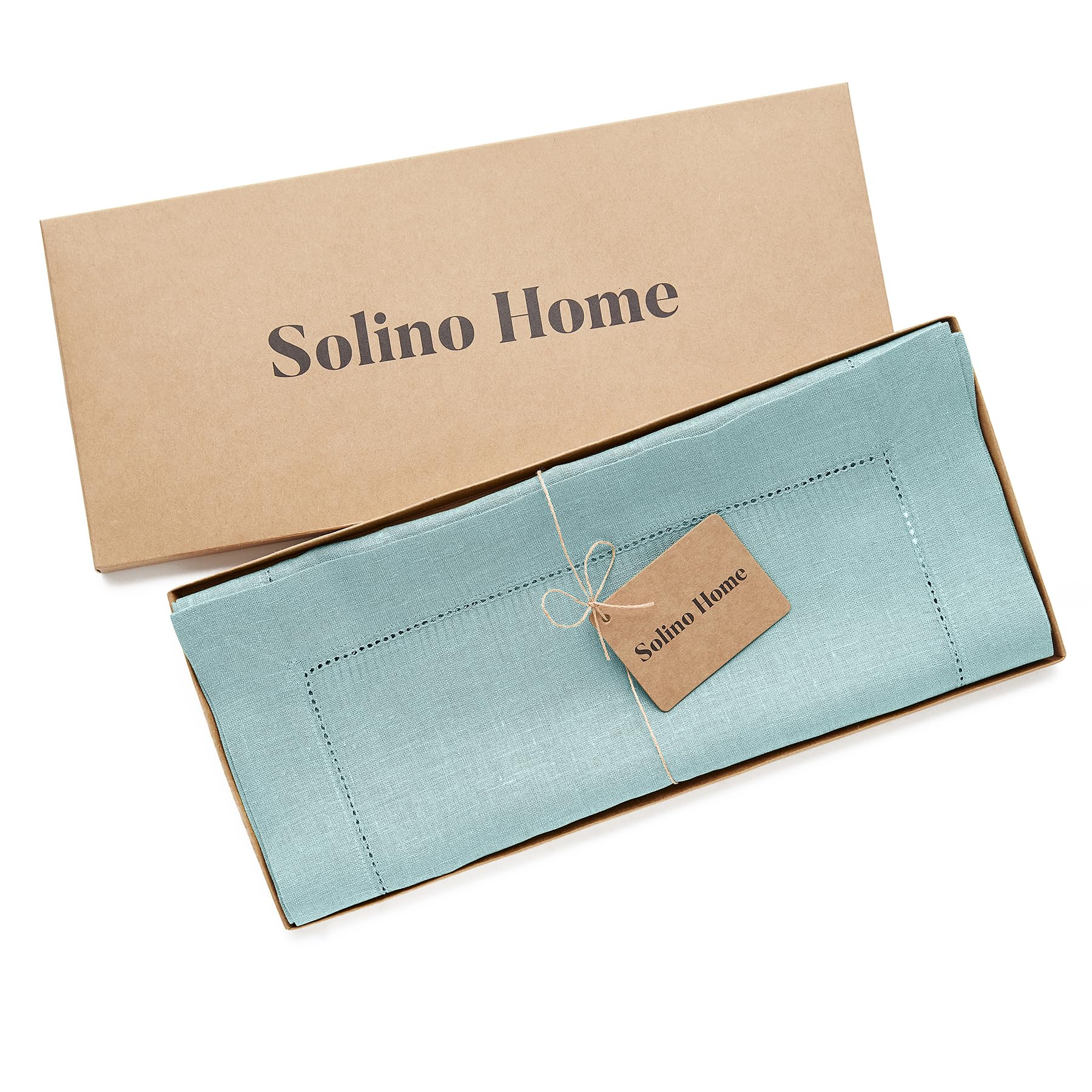 Solino Home Linen Aqua Blue Table Runner 108 Inches Long - 100% Pure Linen Classic Hemstitch Dining Table Runner 14 X 108 Inch I