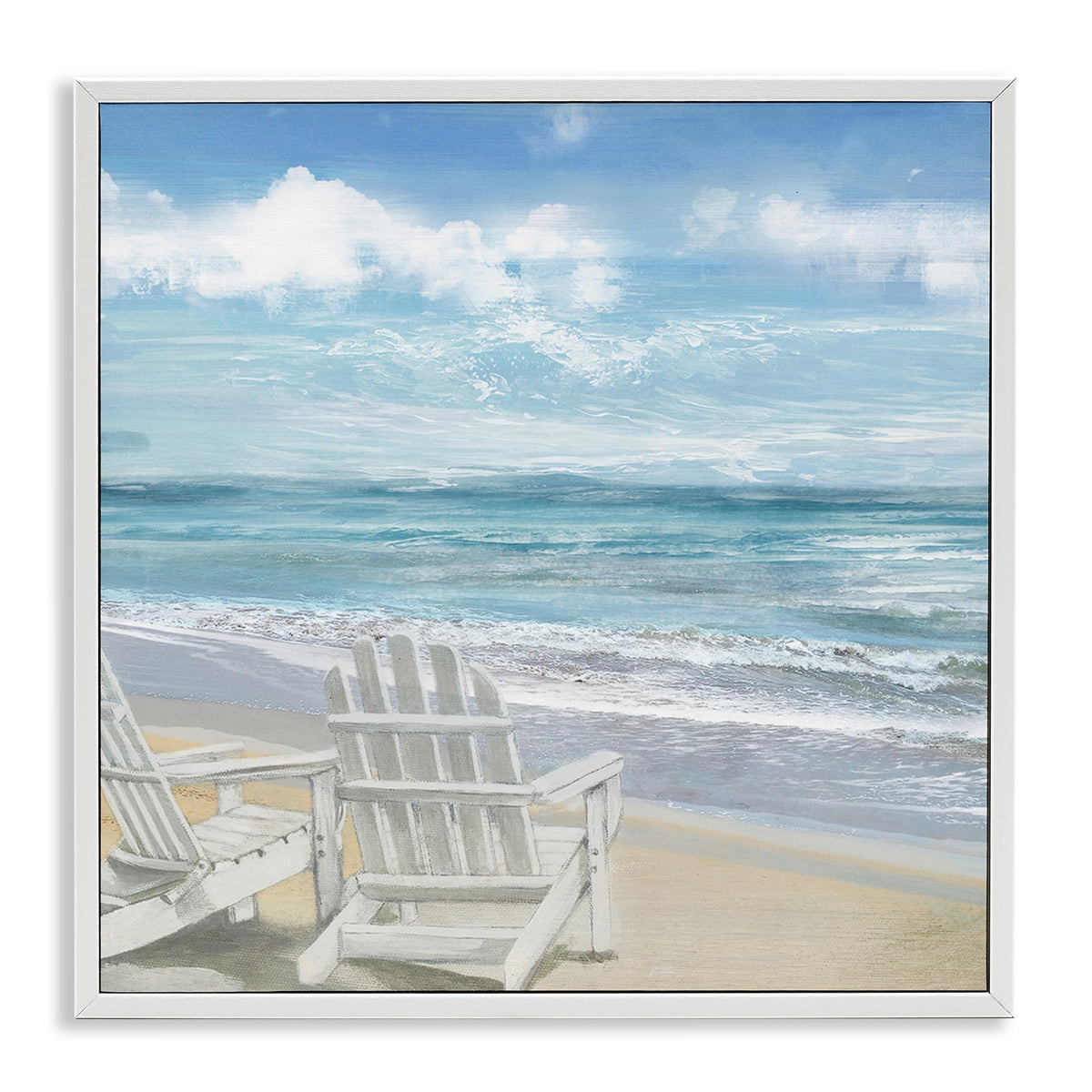 Stupell Industries Adirondack Chairs On The Beach Painting, Design By Main Line Studio White Framed Wall Art, 12X12, Blue