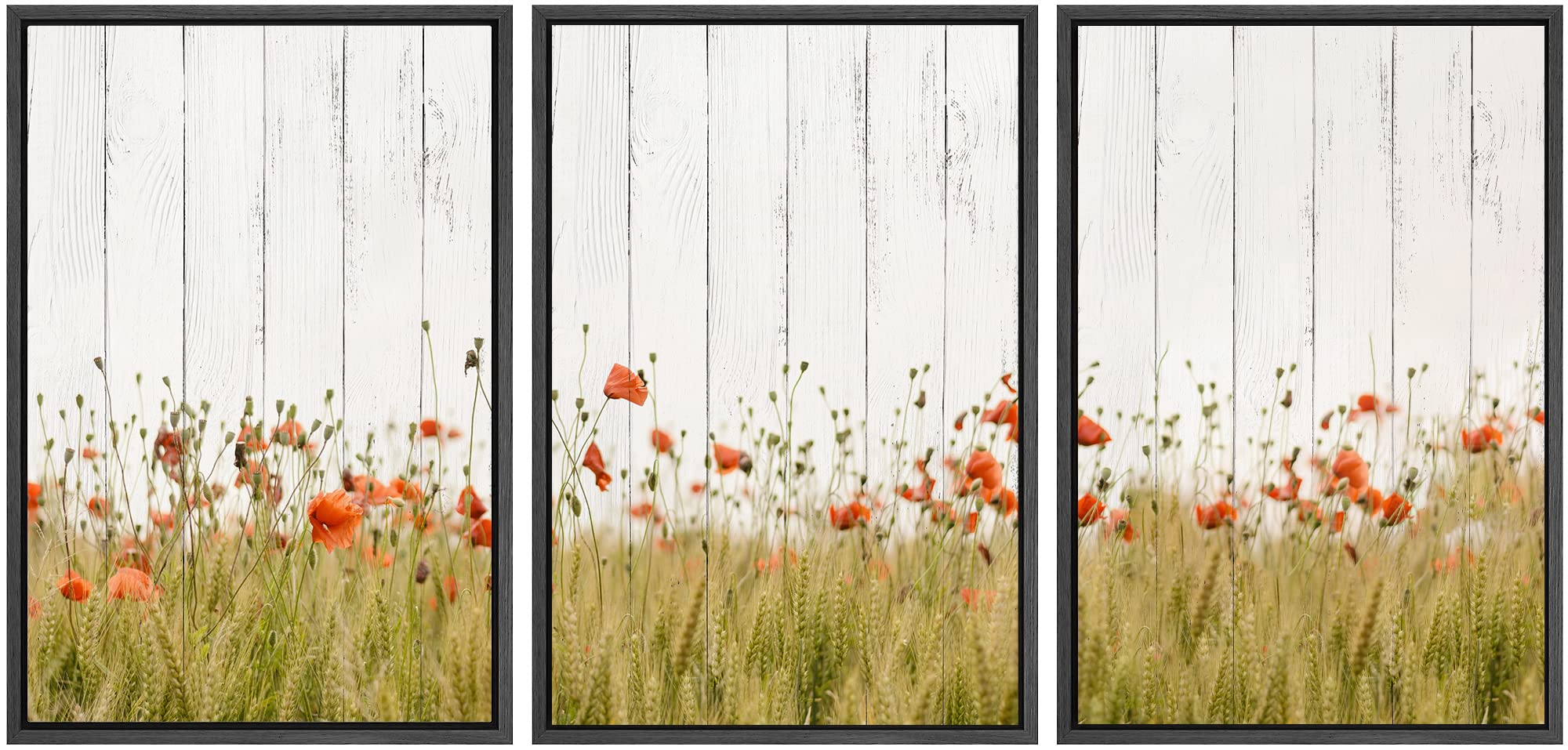 Signwin Framed Canvas Print Wall Art Set Wood Panel Style Red Poppy Flowers Nature Wilderness Illustrations Modern Art Decorativ