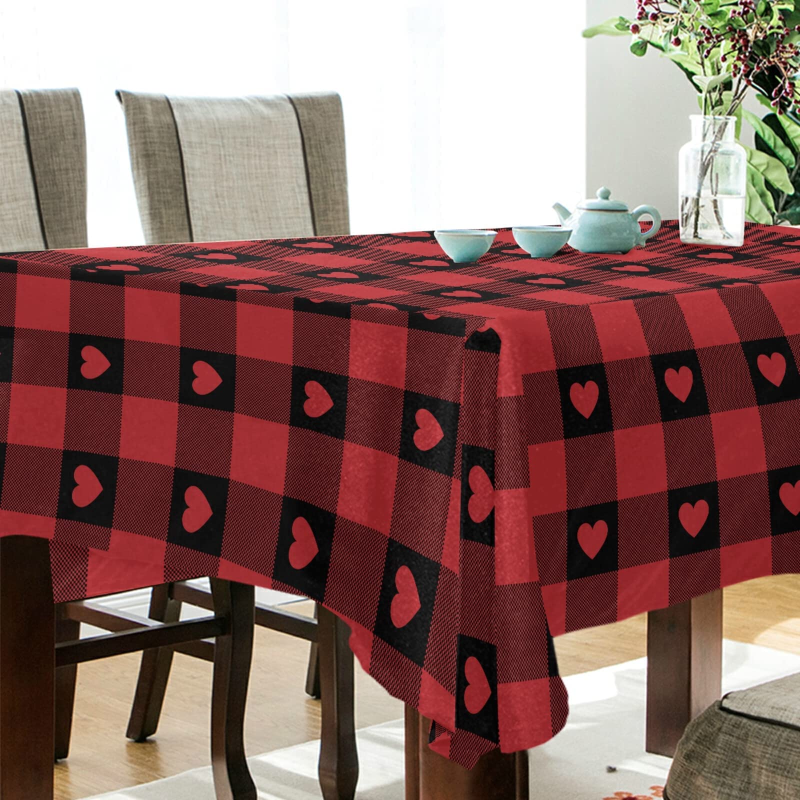 senya Valentine's Day Tablecloth Red Buffalo Check Gingham Love Heart Square Tablecloth Rectangle Tablecloth Washable Fabric Table Cloth for Dining Party and Outdoor Use