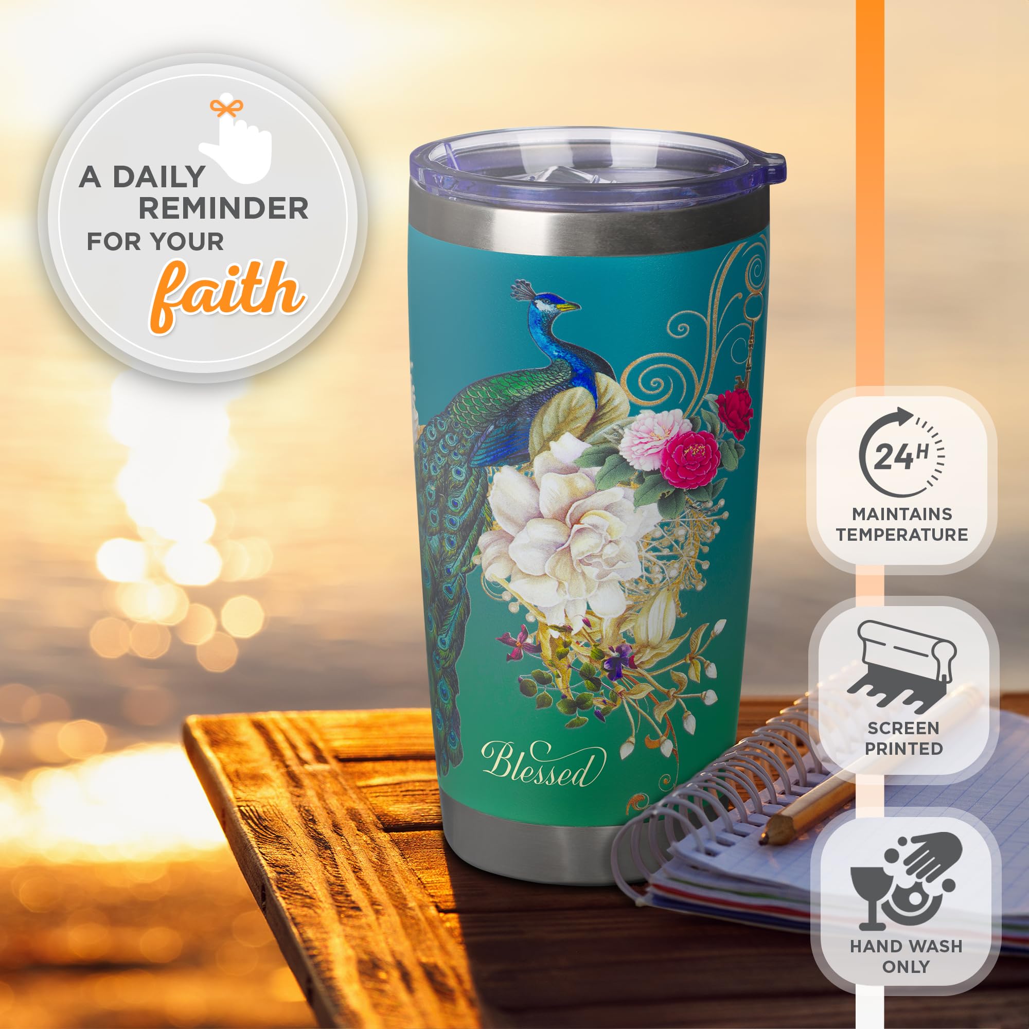 Christian Art Gifts Stainless Steel Double Wall Vacuum Insulated Tumbler 18 Oz Peacock Teal Travel Mug With Retractable Lid Insp
