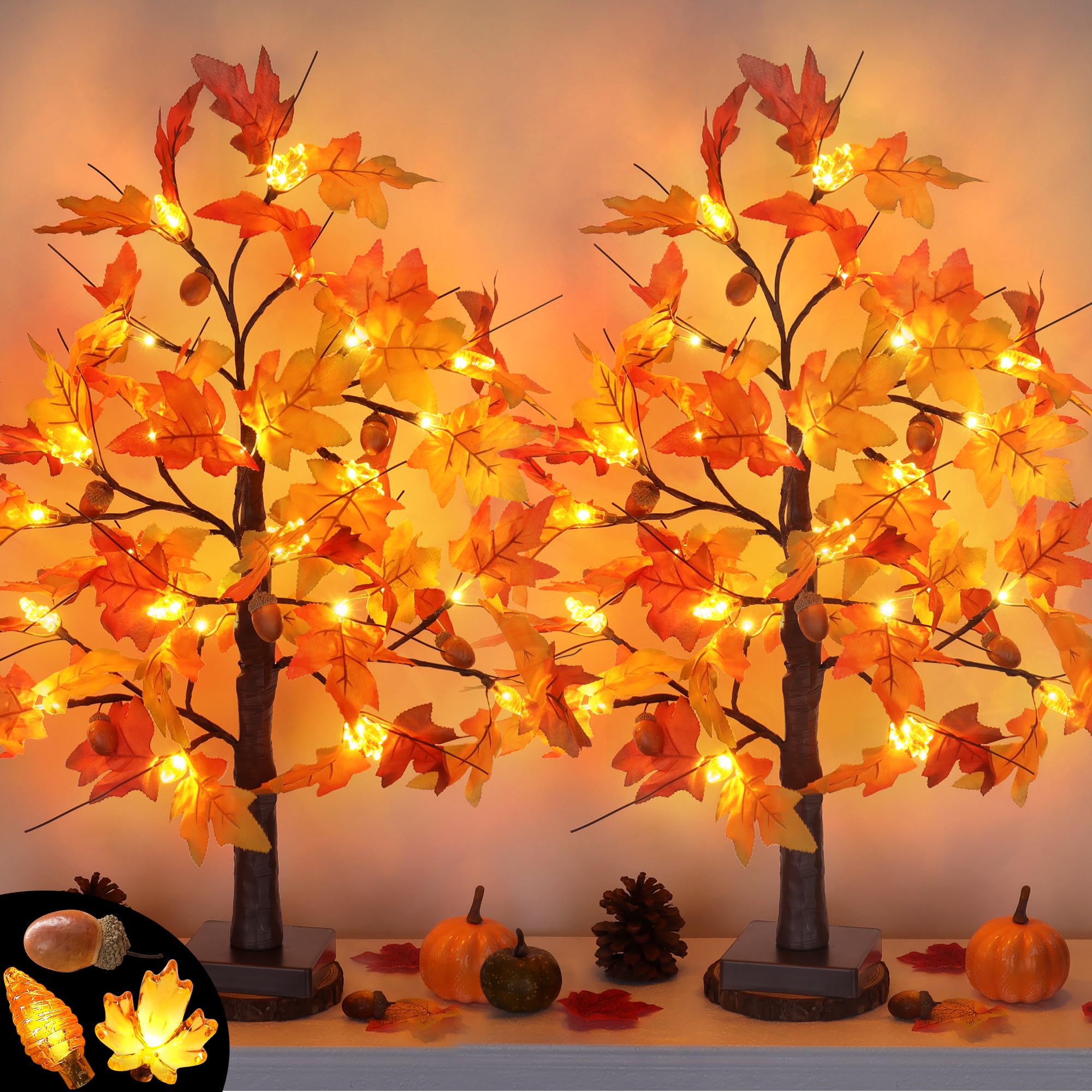 2 Pack 24 Inch Fall Maple Tree Fall Thanksgiving Decorations with Lights Lighted Artificial Tree with Pumpkin Acorn Maple Thanks