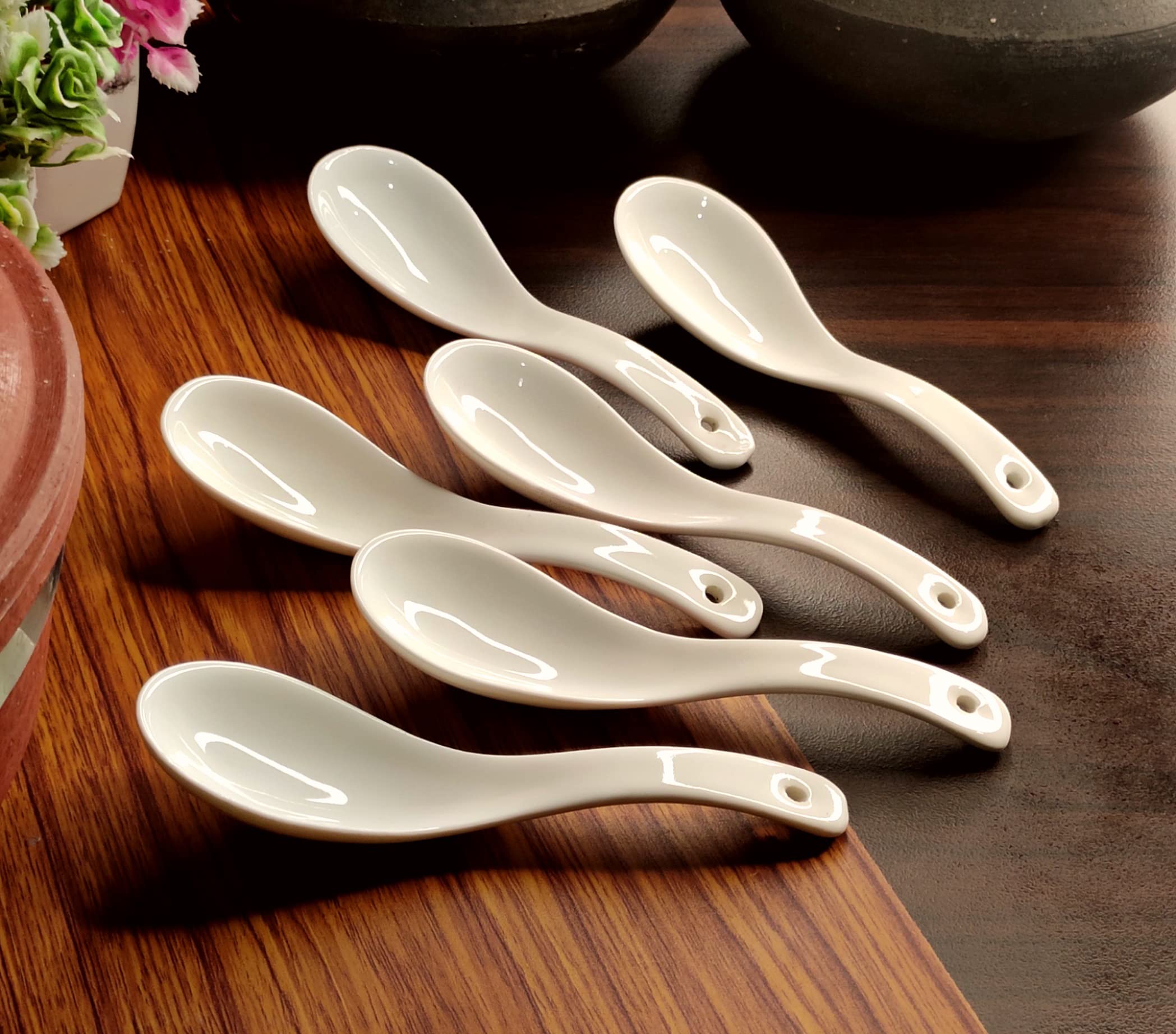 Vemlons Soup Spoon/Soup Spoons Ceramic Soup Spoon/Soup Spoon Set of 6 Pure Ceramic White Color Microwave Safe 15 cm Soup Spoons
