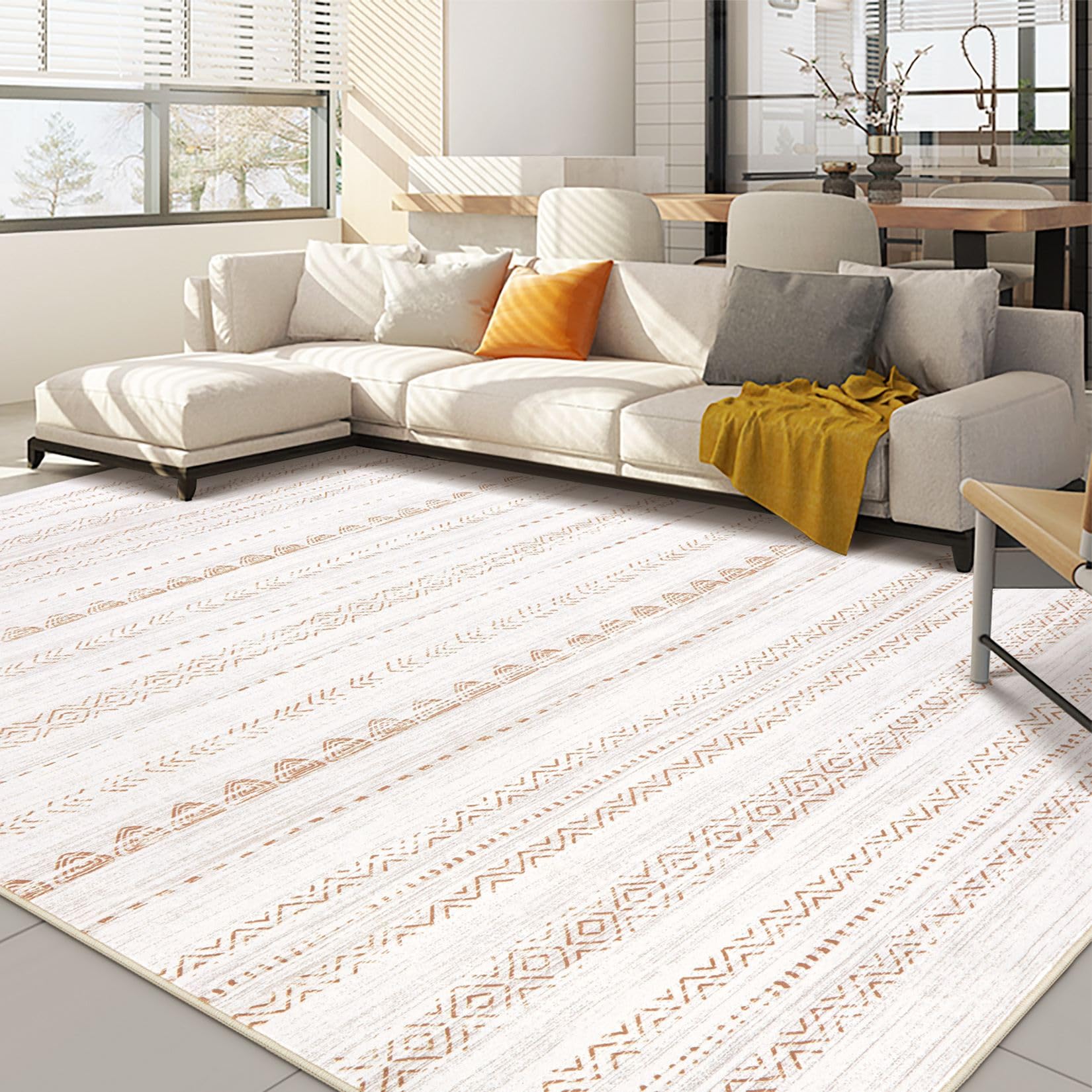 Area Rug Living Room Rugs: 5x8 Large Soft Machine Washable Boho Moroccan Farmhouse Neutral Stain Resistant Indoor Floor Rug Carp
