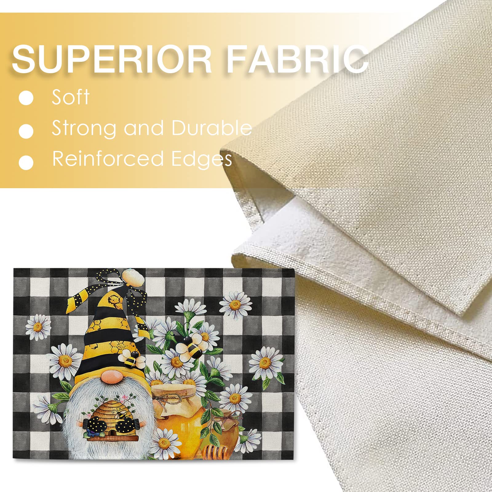 Seliem Spring Bee Gnome Daisy Placemats Set of 4  Honey Black White Buffalo Check Plaid Dining Table Place Mats  Summer Seasonal Farmhouse Kitchen Decor Home Decoration 12 x 18 Inch