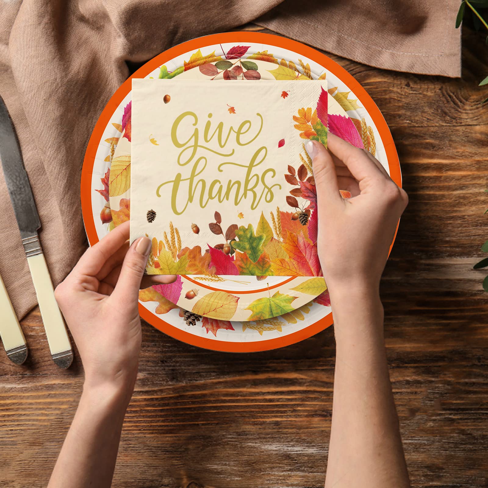 Fall Theme Thanksgiving Party Supplies Kit, Serve 50, Autumn Harvest Disposable Dinnerware Includes: Paper Dinner Plates, Desser