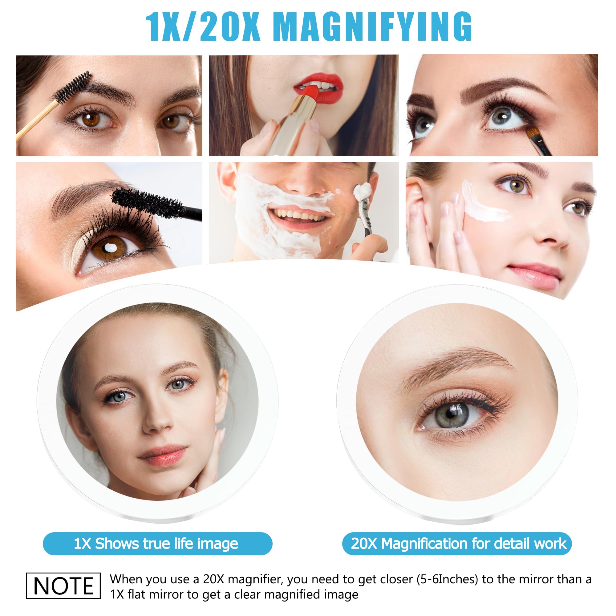 Miyadiva 20X Magnifying Mirror With Light, Travel Magnifying Mirror, 1X/20X Vanity Mirror With Light, Adjustable Handle Travel M