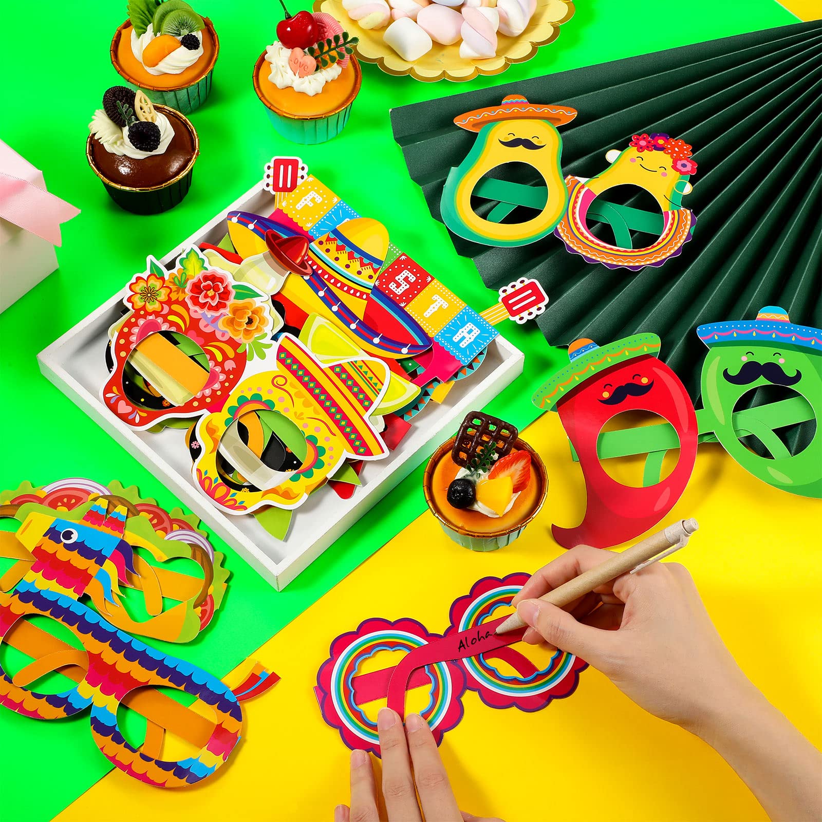 32 Pcs Mexican Fiesta Party Decorations Paper Eyeglasses Taco Party Cactus Pinata Cinco De Mayo Party Costume Photo Booth Props