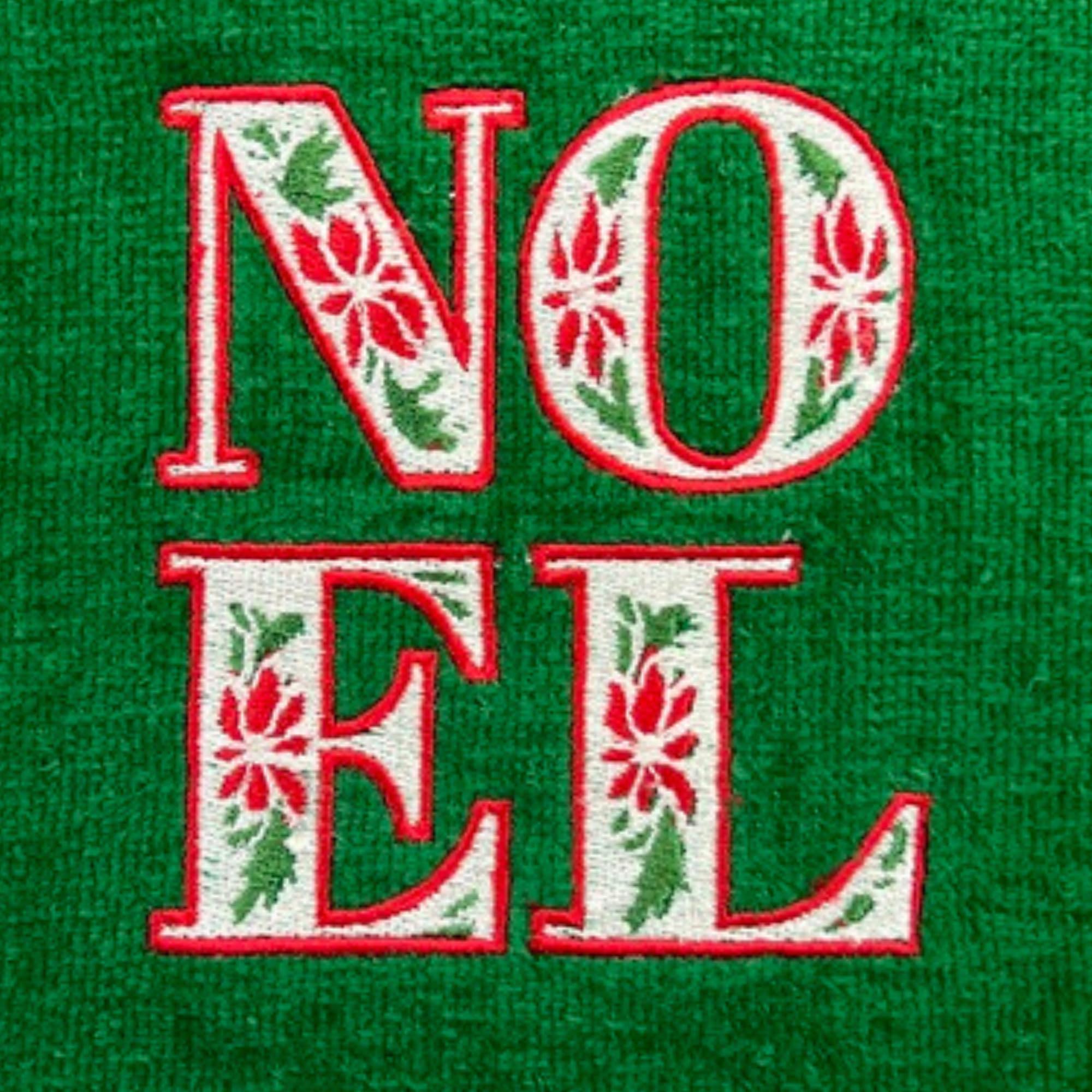 Serafina Home Holiday Christmas Bath Fingertip Towels, Embroidered Poinsettia Noel, Green With Stitched Hem, 2 Piece Set, 12 X 1