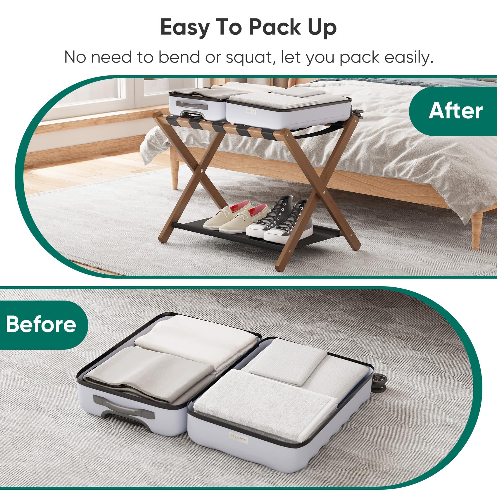 Smuxee Walnut Bamboo Luggage Rack Pack Of 2, Foldable Suitcase Stand With Storage Shelf, Easily Assembled Luggage Stand With 5 N