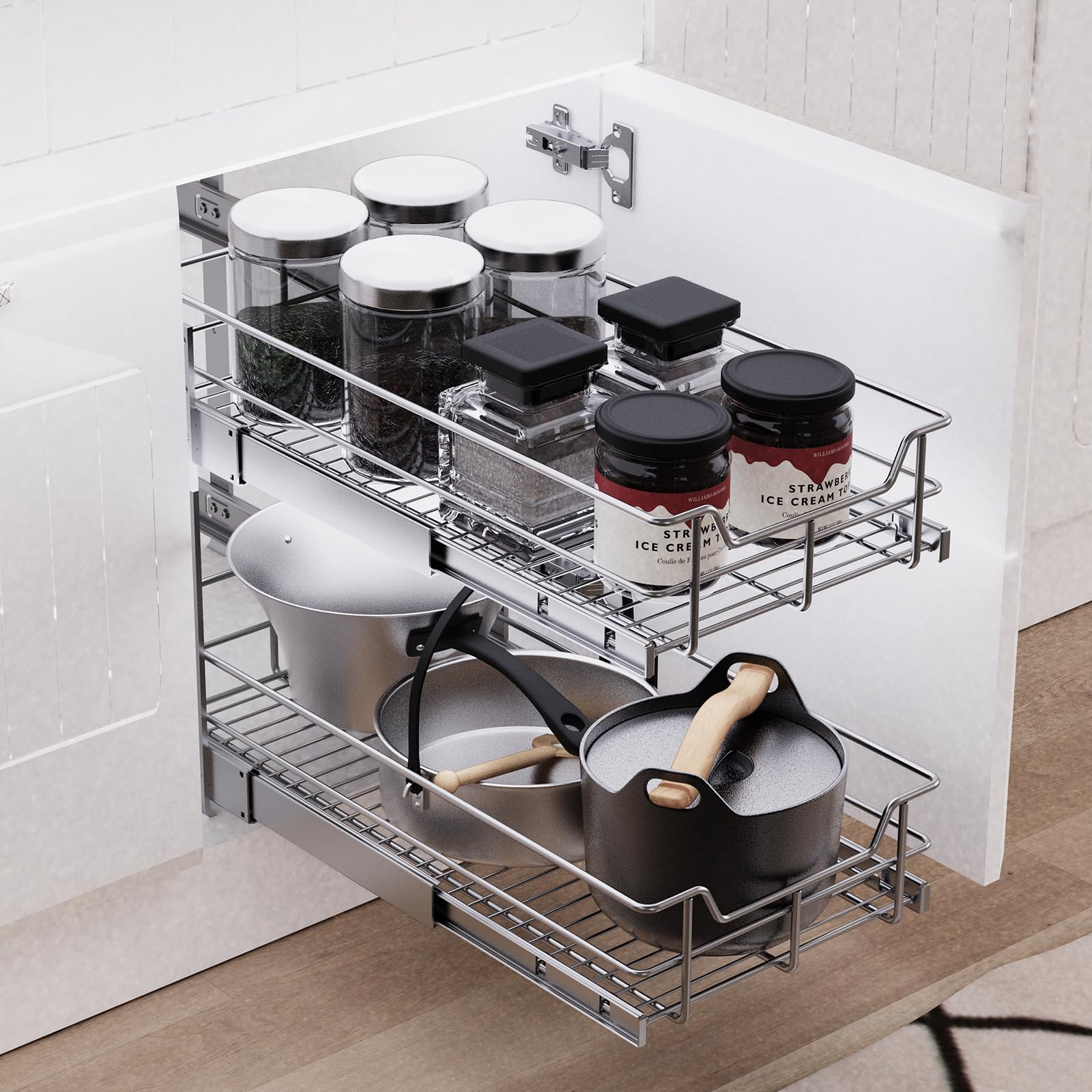2 Tier Pull Out Cabinet Organizer 11'' W X 22'' D, Slide Out Drawers For Kitchen Cabinets, Pull Out Drawers For Cabinets Capacit