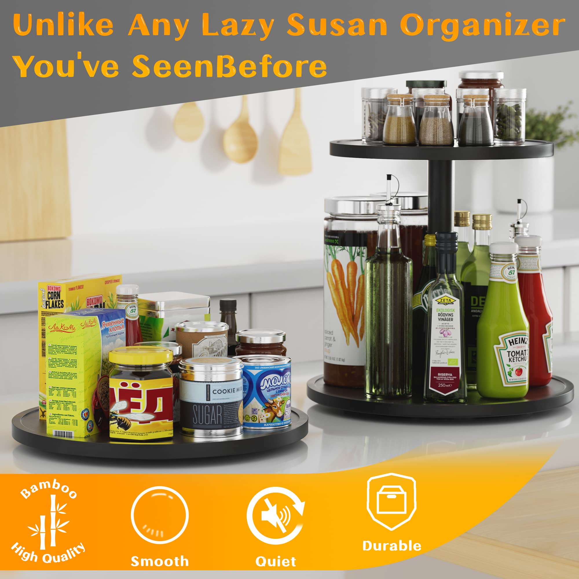 Lazy Susan Organizer Homerays 10 Inch Non-Skid Bamboo Lazy Susan For Kitchen Rotating Spice Rack For Kitchen Cabinet, Wood Turnt