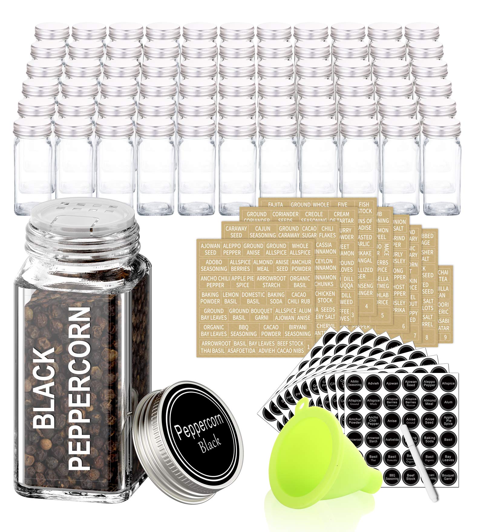 SWOMMOLY 66 Glass Spice Jars with 703 Spice Labels, Chalk Marker and Funnel Complete Set. 66 Square Glass Jars 4oz, Airtight Cap