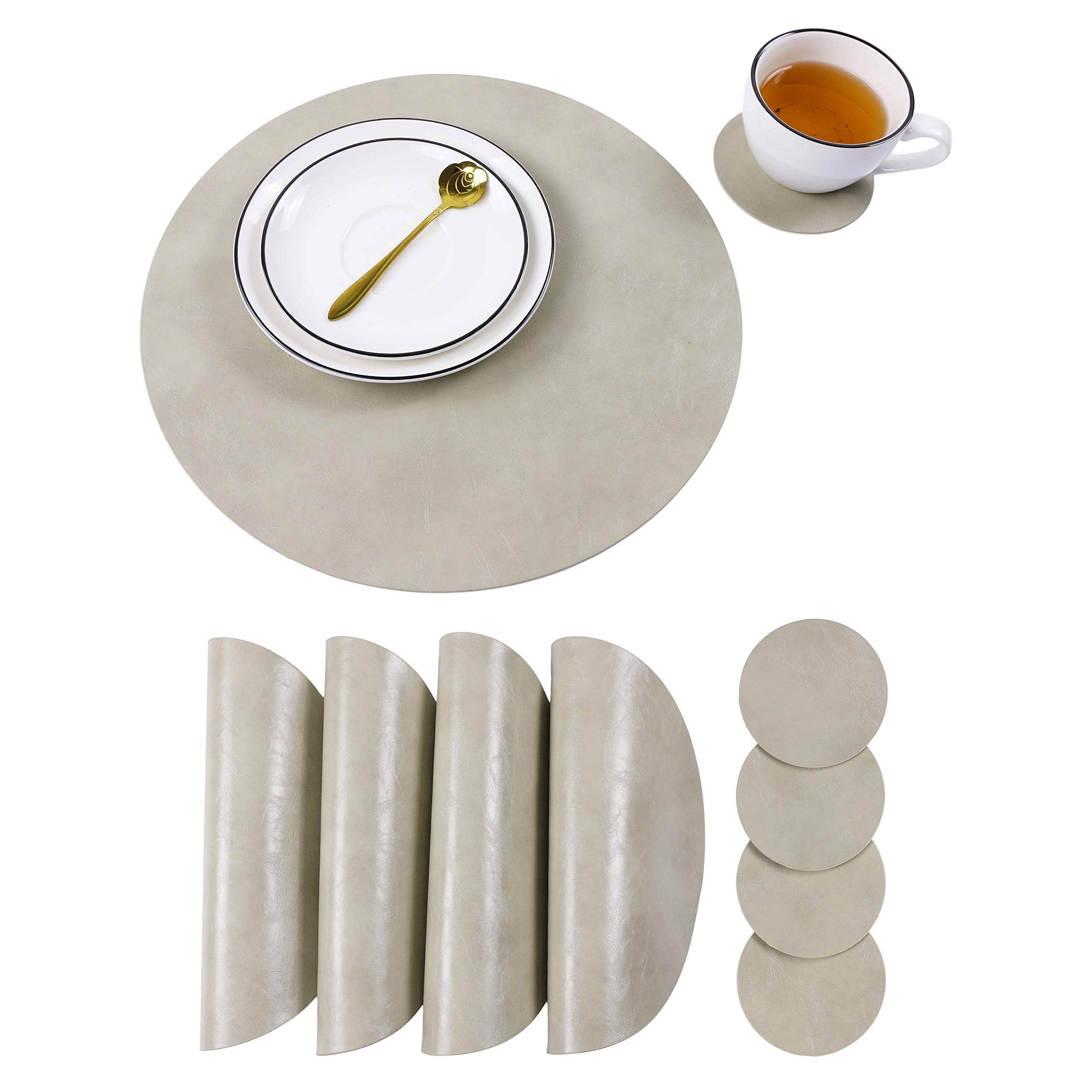 Set Of 4 Faux Leather Round Placemats And Coasters, Coffee Mats Kitchen Table Mats, Waterproof, Easy To Clean For Kitchen Dining
