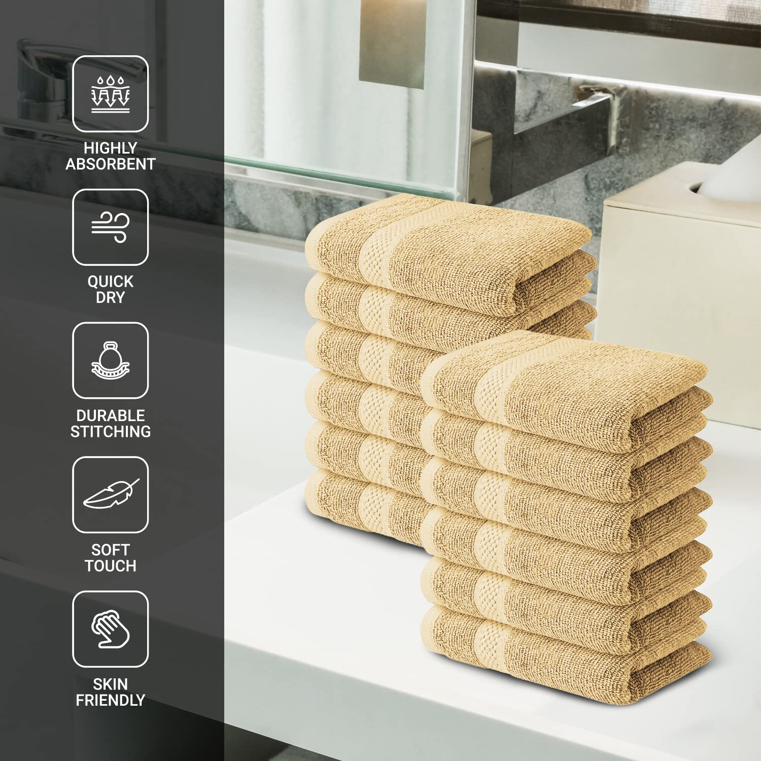 Infinitee Xclusives Premium Beige Washcloths Set - Pack Of 12, 13X13 Inches 100 Cotton Wash Cloths For Your Body And Face Towels