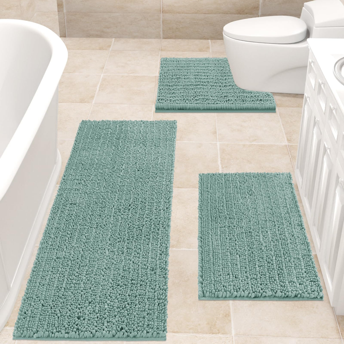 Accumtek Upgrade Extra Eggshell Blue Bathroom Rug Set 3 Pieces Ultra Soft, Thick Absorbent Bath Mats, Non Slip Chenille Toilet M