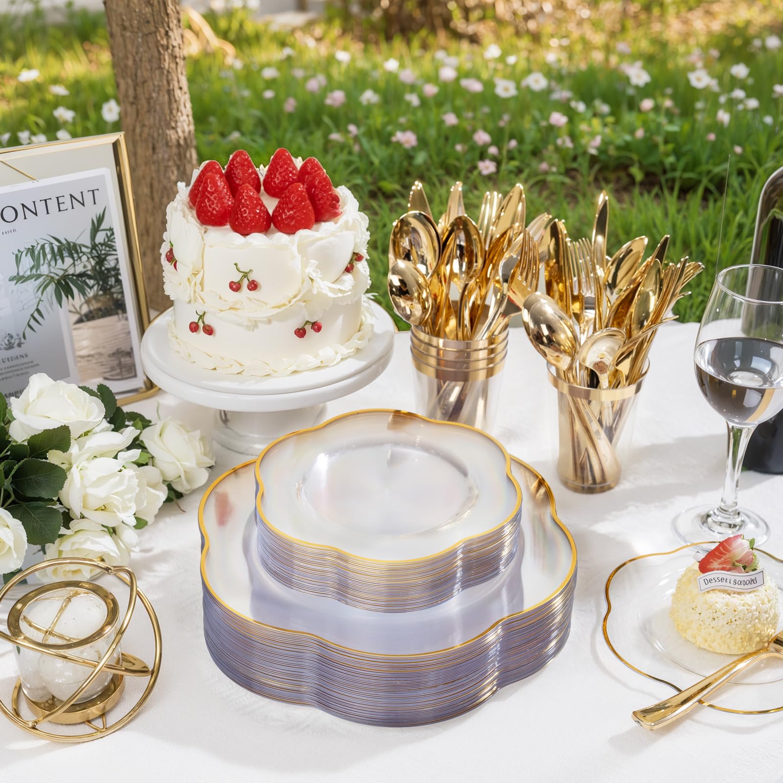 Liacere 100PCS Clear Plastic Plates - Clear and Gold Disposable Dinner Plates - 10inch Heavy Duty Gold Dinner Plates, Perfect fo