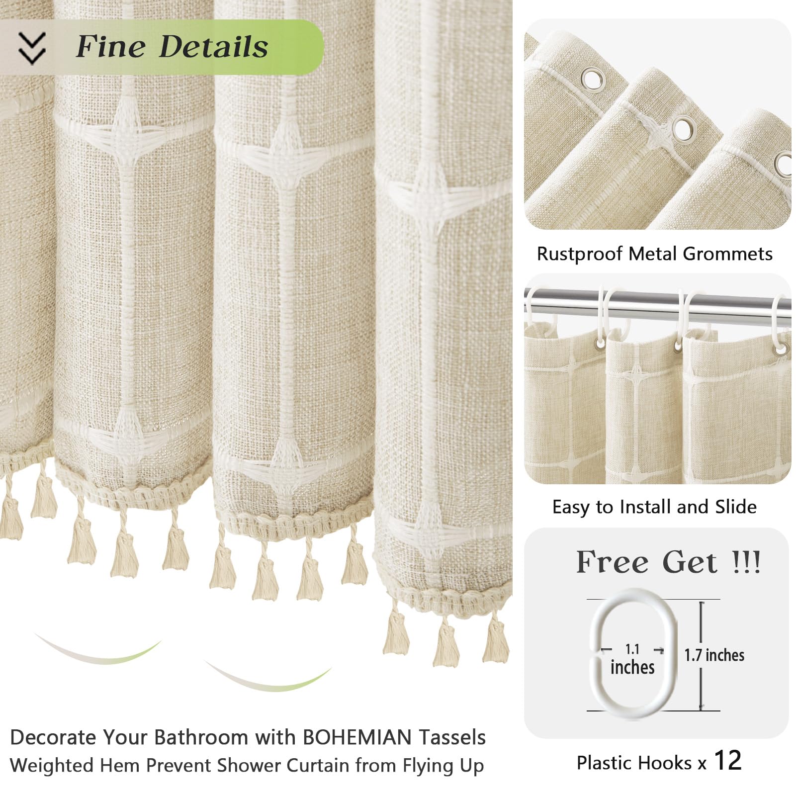 Natural Linen Shower Curtain, Boho Farmhouse Heavy Duty Textured Fabric Shower Curtain Set With Tassels, Neutral Bohemian Chic V