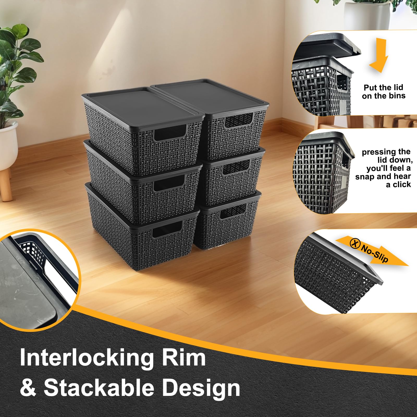 Plastic Storage Baskets with Lids - Stackable Storage Bins with Lids for Pantry, Closet, Bedroom & Shelves | Durable Organizatio