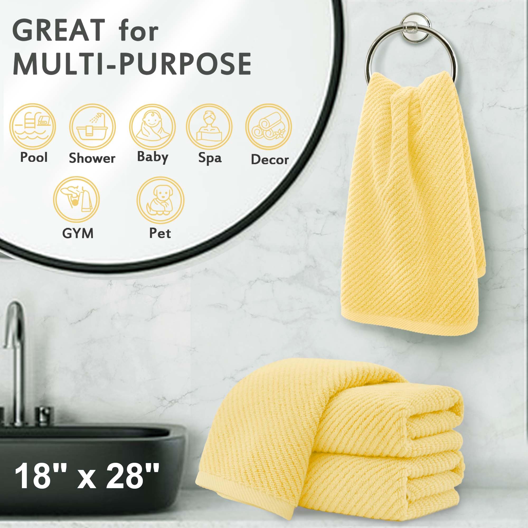 Voova & Movas Yellow Hand Towels For Bathroom, 4 Pack Large 18'' X 28'' - 100% Cotton | Lightweight | Thick | Quick Dry | Soft |