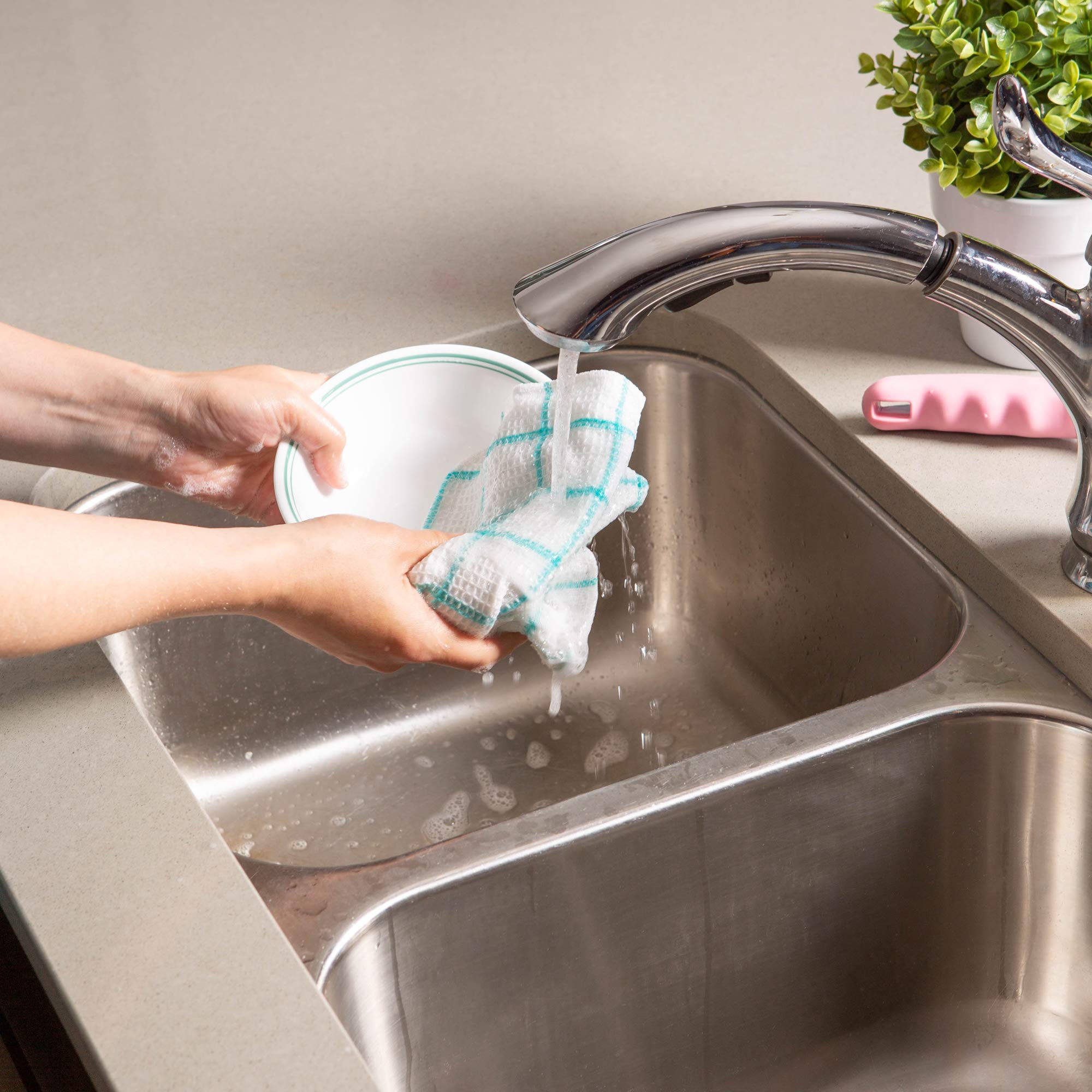 Dii Scrubber Dishcloths Collection Windowpane Dishrag Set, 12X12, White/Aqua Stripe, 6 Piece