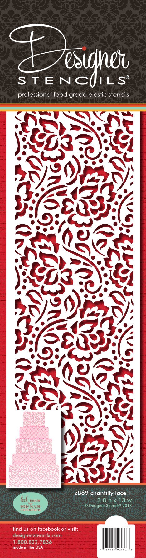 Designer Stencils Chantilly Lace 1 Cake Side Foodgrade Stencil, 3.8 X 13, Beige/Semi-Transparent