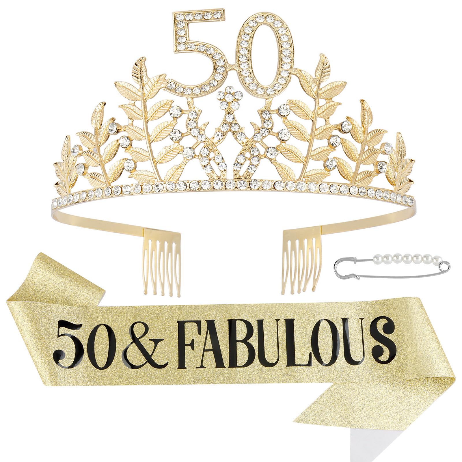 50Th Birthday Women'S Gold Crystal Crown And Glitter Sash Gift Set, Rhinestone Tiara And Hair Accessories For Party Decoration