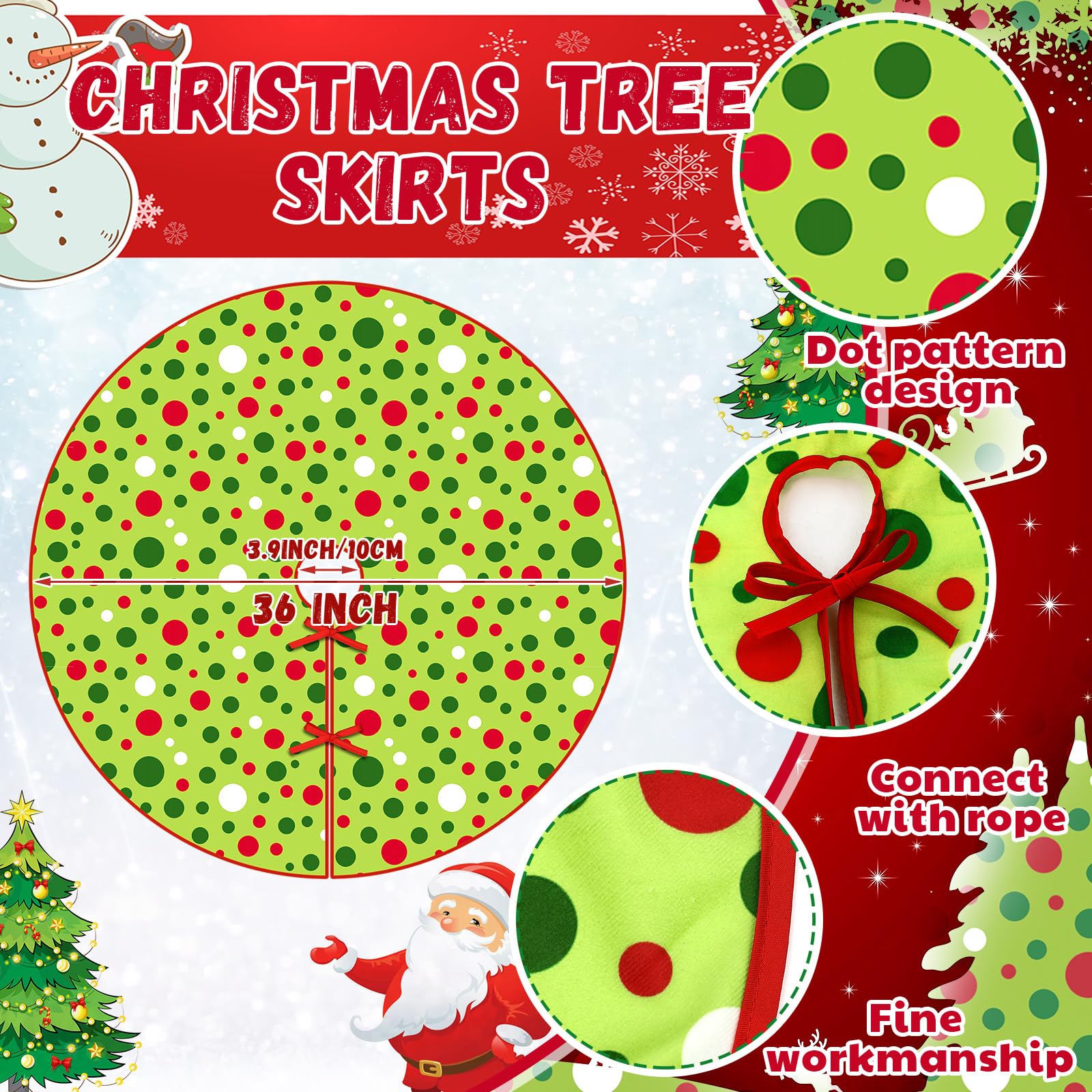 36 Inches Christmas Tree Skirt Green Mat Red and Green Polka Dot Christmas Tree Skirt for Holiday Party Xmas Decoration