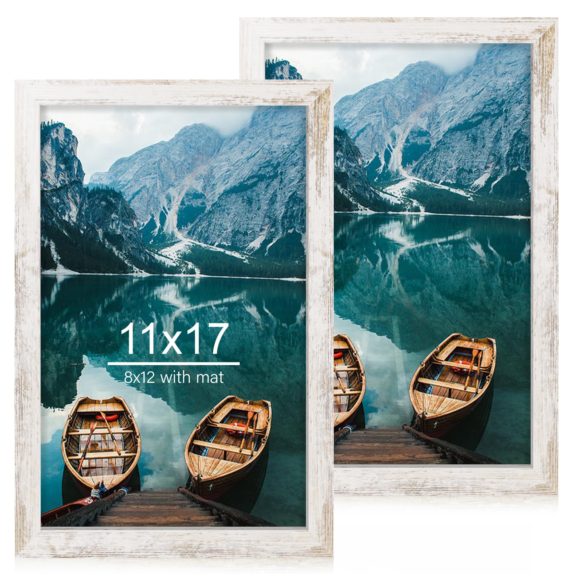 Hongkee 11x17 Frame Set of 2, Distressed White Wood Style - Display 11 x 17 Poster without Mat or 8x12 Picture with Mat, Wall Mo