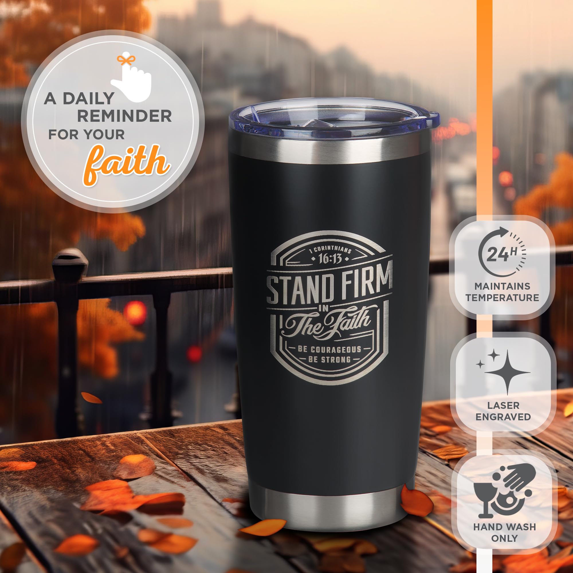 Christian Art Gifts Large Stainless Steel Inspirational Travel Mug Tumbler For Men & Women: Stand Firm Encouraging Bible Verse,