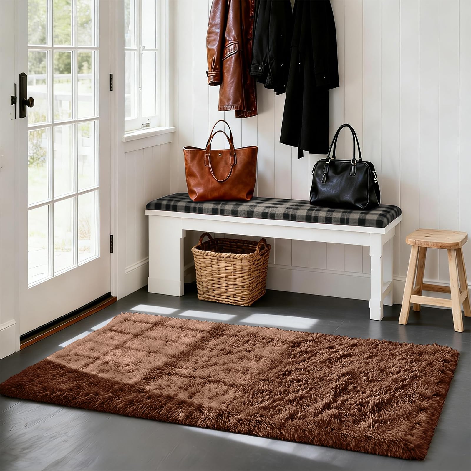 Fluffy Rug Shag Area Rug, Brown 3x5 Area Rugs for Bedroom, Small Bedside Rug, Soft Fluffy Shag Entryway Throw Rugs for Living Ro