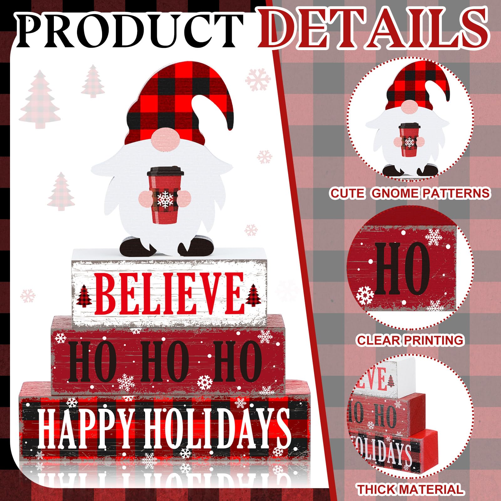 Geelin 4 Pcs Christmas Wooden Table Decorations Xmas Red and White Buffalo Plaid Signs Rustic Happy Holiday Tiered Tray Decor Xm
