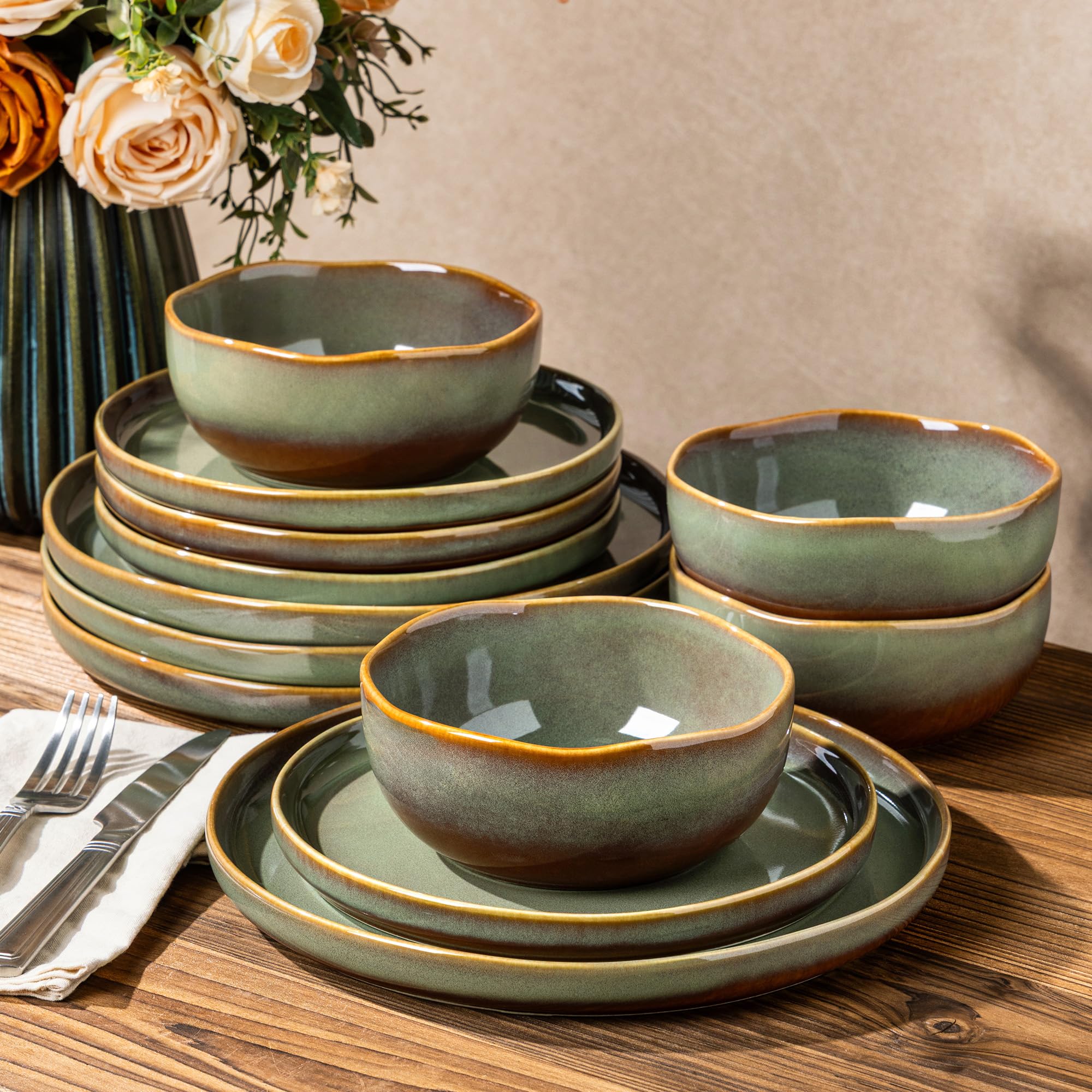 TheTerra Ceramic Dinnerware Sets for 4, 12 Pieces Handmade Reactive Glaze Plates and Bowls Sets, Scratch Resistant Dish Set, Ove