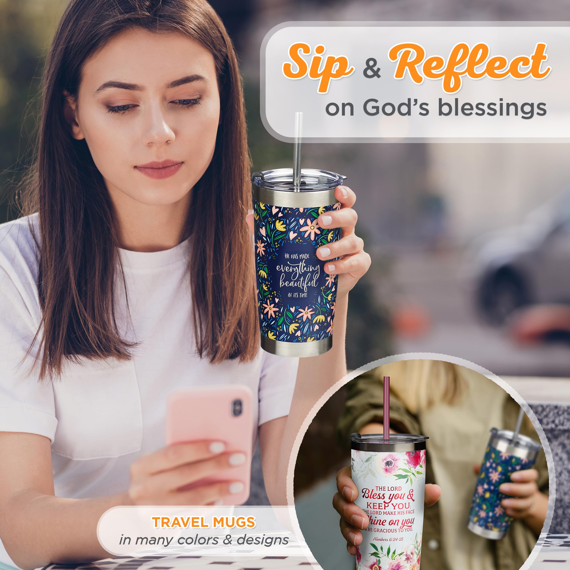 Christian Art Gifts Stainless Steel Double-Wall Vacuum Insulated Tumbler W/Straw & Lid 18 Oz Navy Floral Inspirational Bible Ver