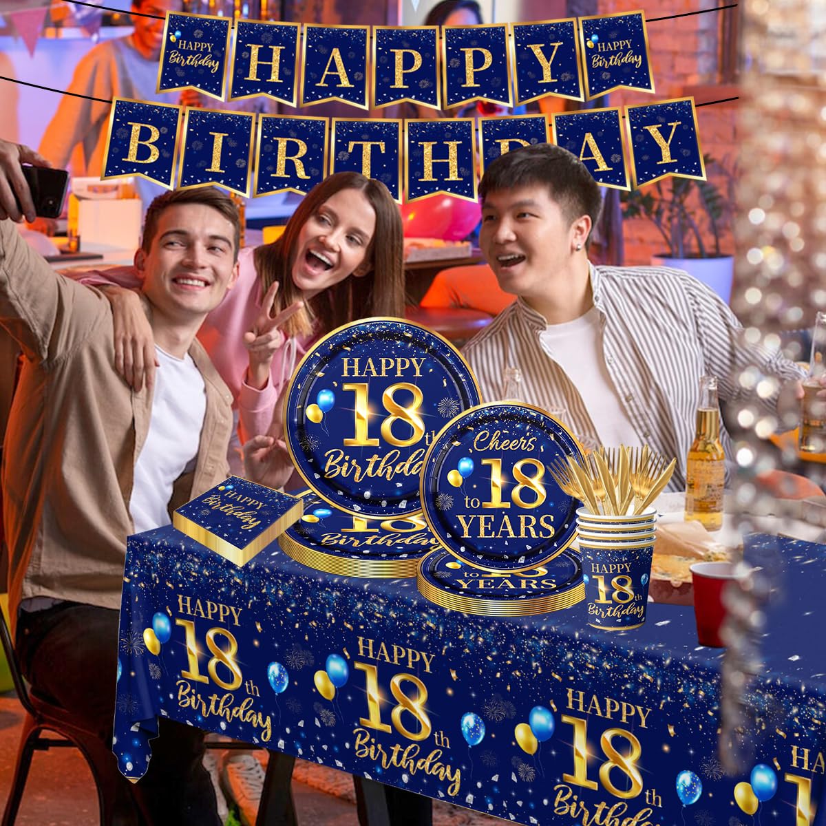 18Th Birthday Decoration Men-142Pcs Navy Blue And Gold Birthday Tableware Set(Serve For 20) Include Happy 18Th Birthday Banner P