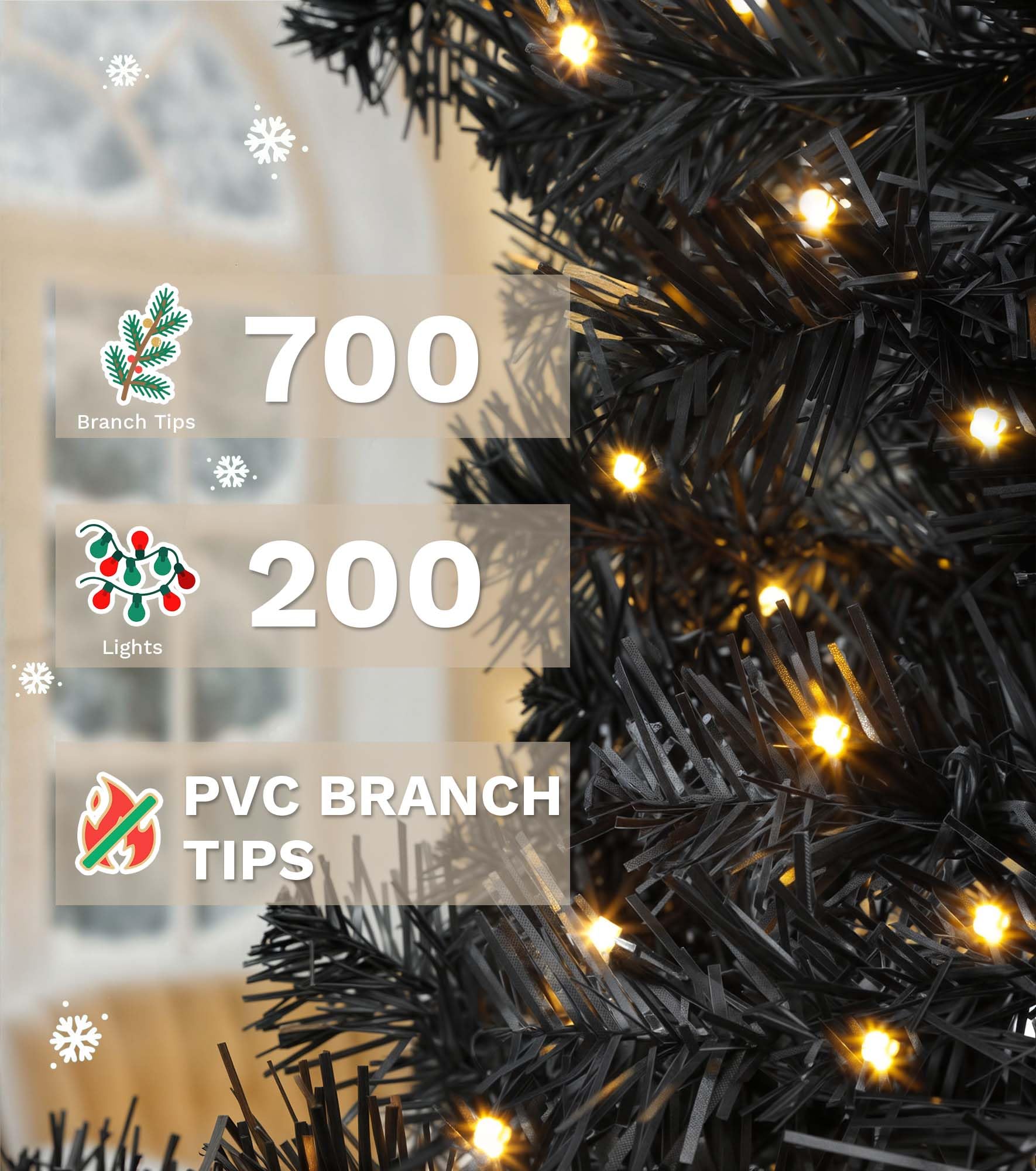 DWVO Pre-Lit Slim Artificial Pencil Tree 6ft, Black Hinged Design for Halloween and Christmas with 700 Branch Tips and 200 Light