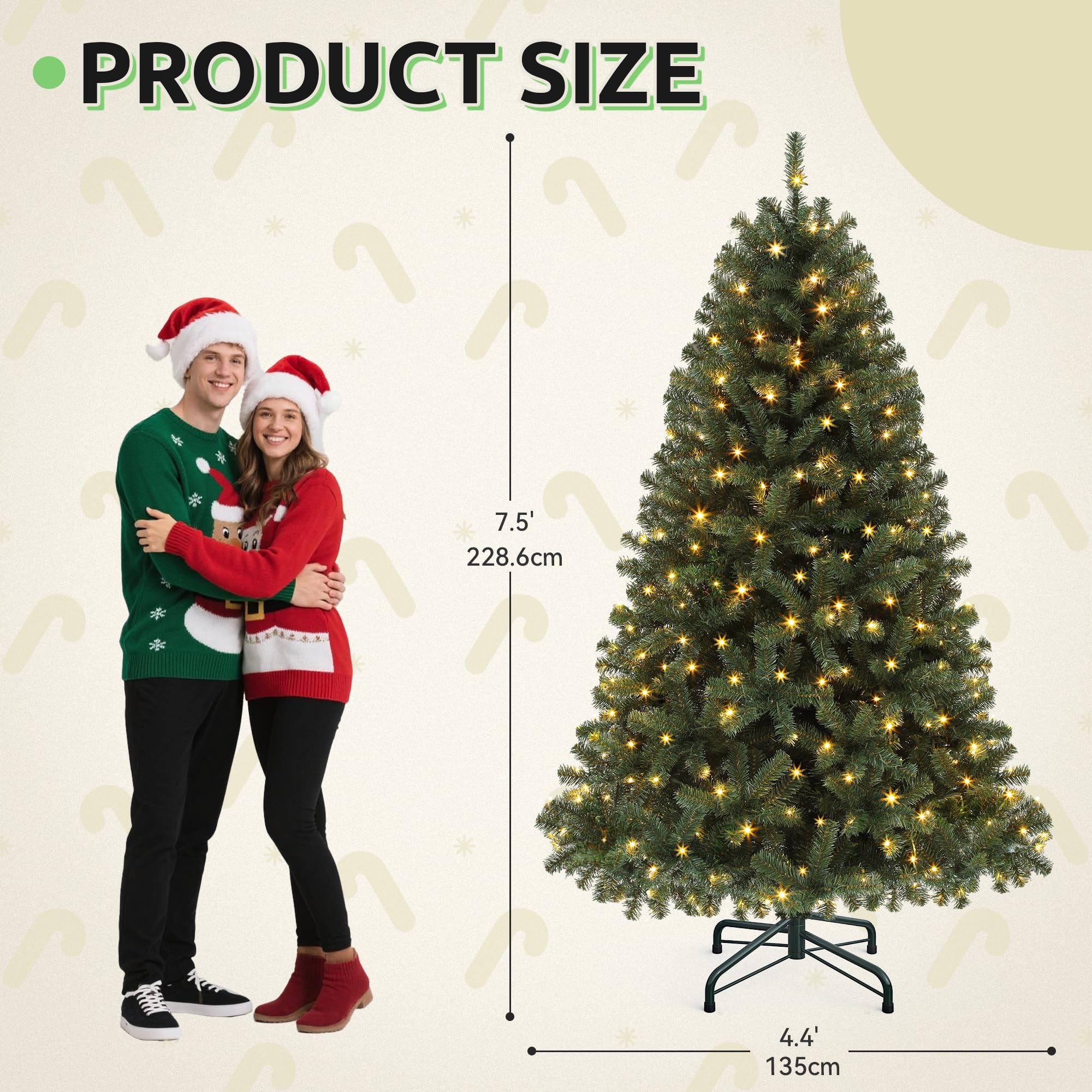 GOOBED 7.5FT Prelit Green Christmas Tree with Remote Control, Pre-Lit Green Artificial Hinged Spruce Christmas Tree with 1450 Ti