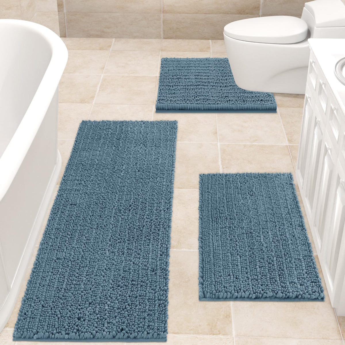 Accumtek Upgrade Extra Large Haze Blue Bathroom Rug Set 3 Pieces Ultra Soft, Thick Absorbent Bath Mats, Non Slip Chenille Toilet