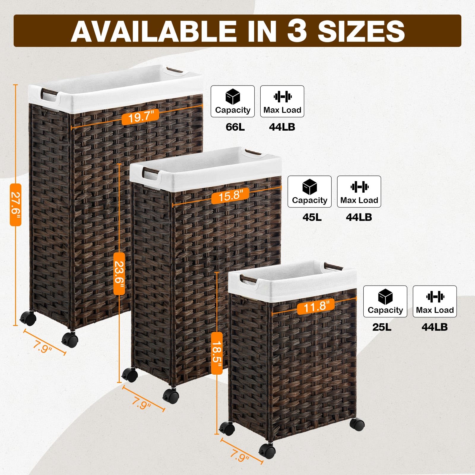 Greenstell Laundry Hamper With Wheels, 45L Slim Laundry Basket With 2 Removable Liner Bags & 2 Mesh Bags, Narrow Dirty Clothes B